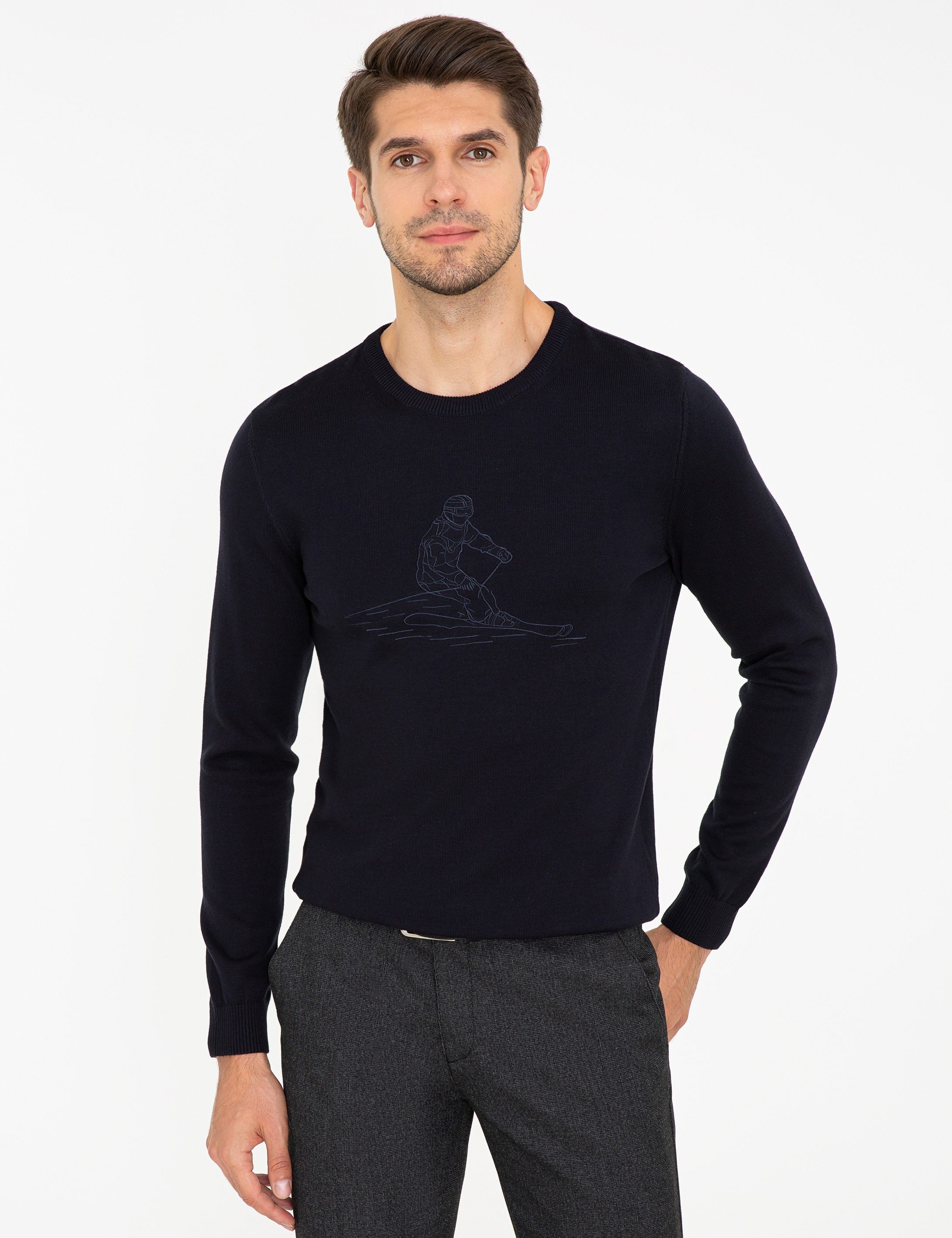 Lacivert Slim Fit Bisiklet Yaka Triko Kazak