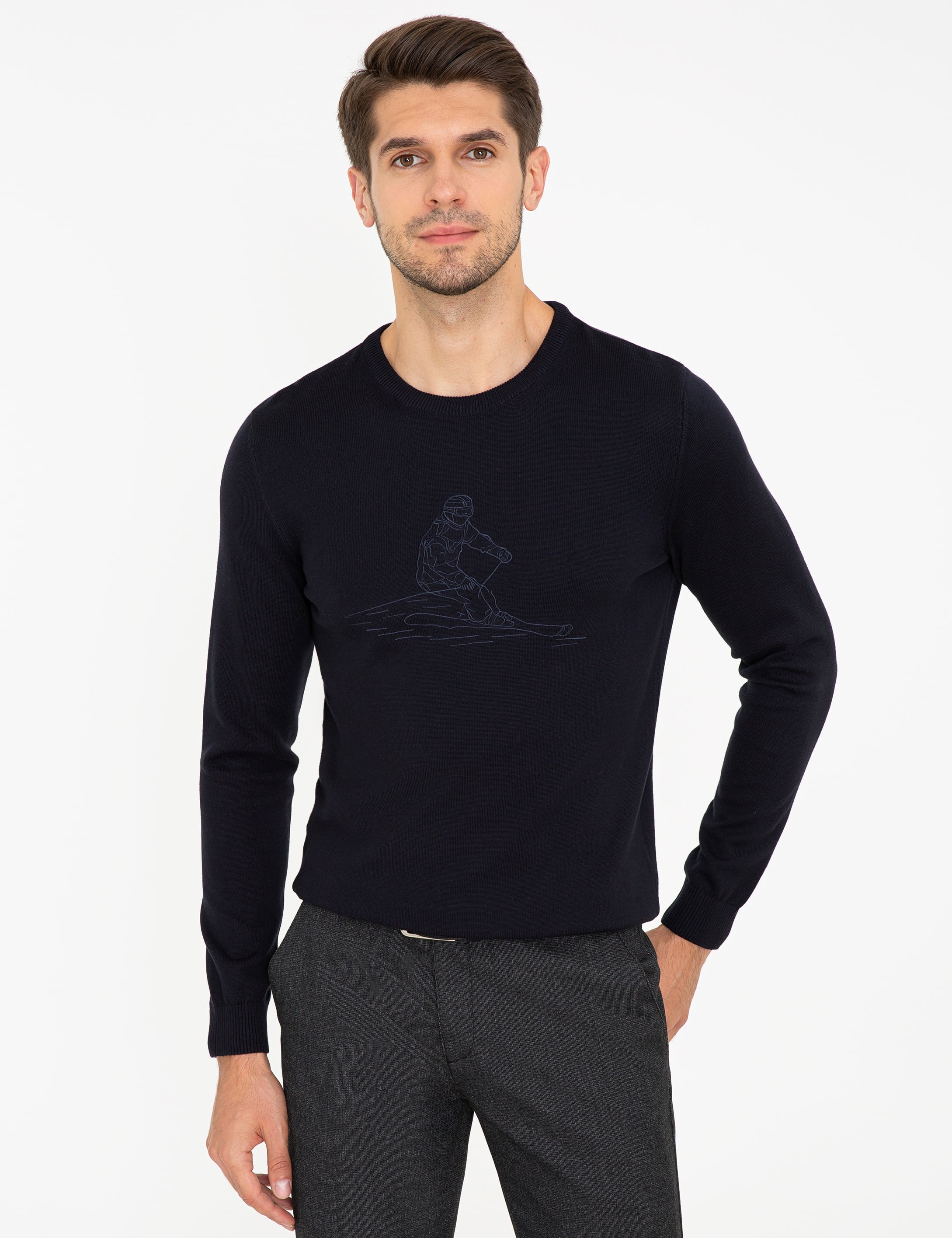 Lacivert Slim Fit Bisiklet Yaka Triko Kazak