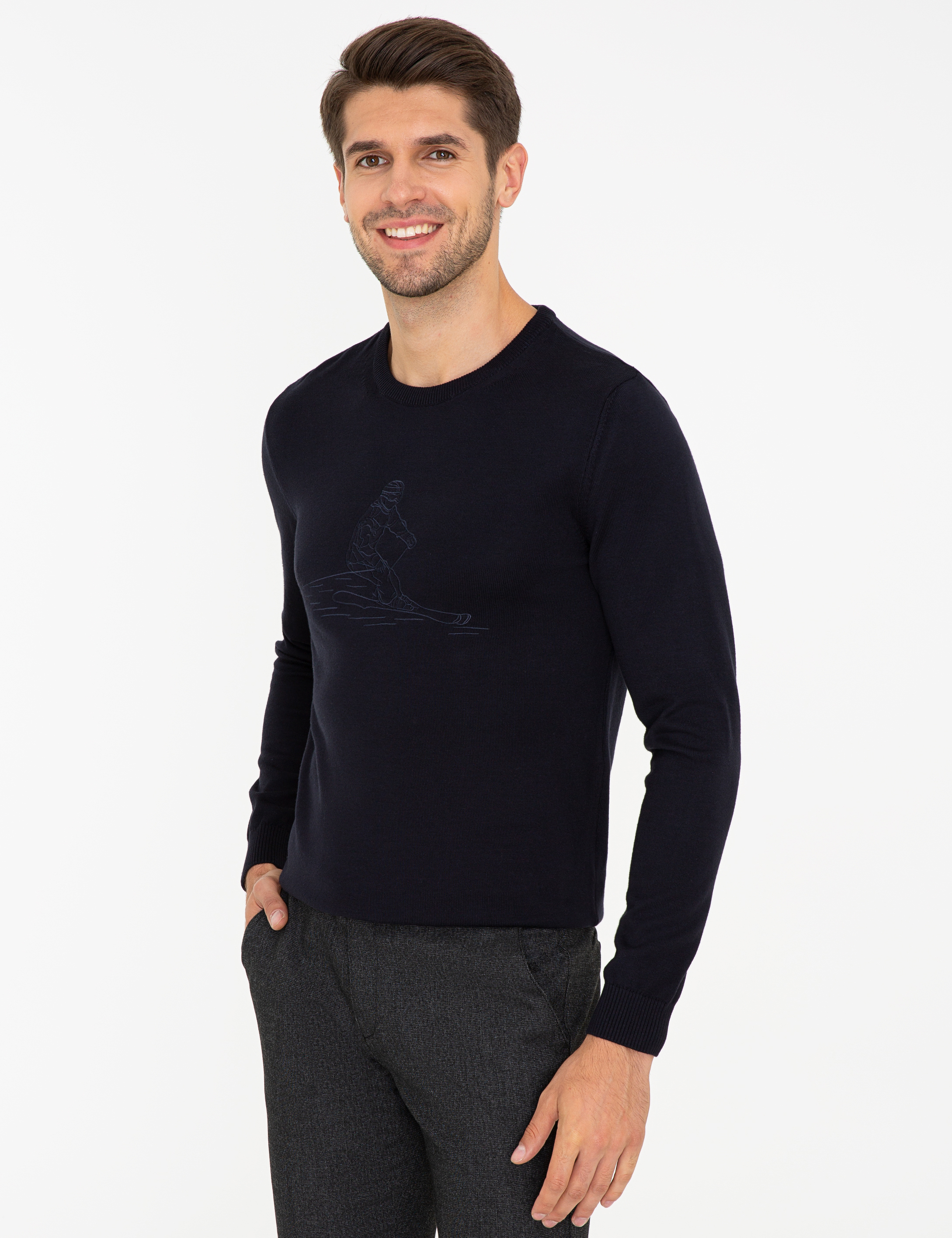 Lacivert Slim Fit Bisiklet Yaka Triko Kazak