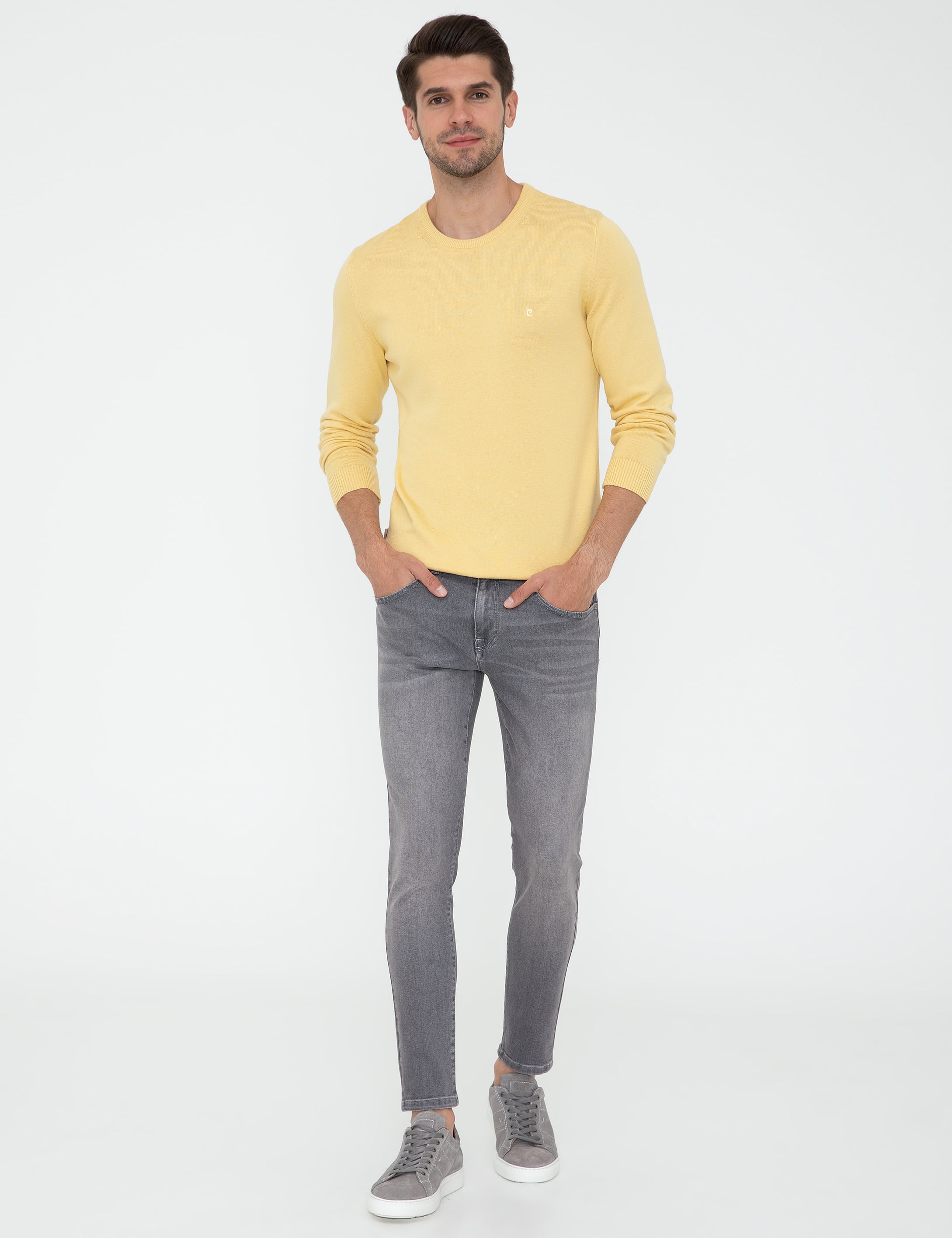 Açık Sarı Slim Fit Bisiklet Yaka Basic Triko Kazak - Image 5
