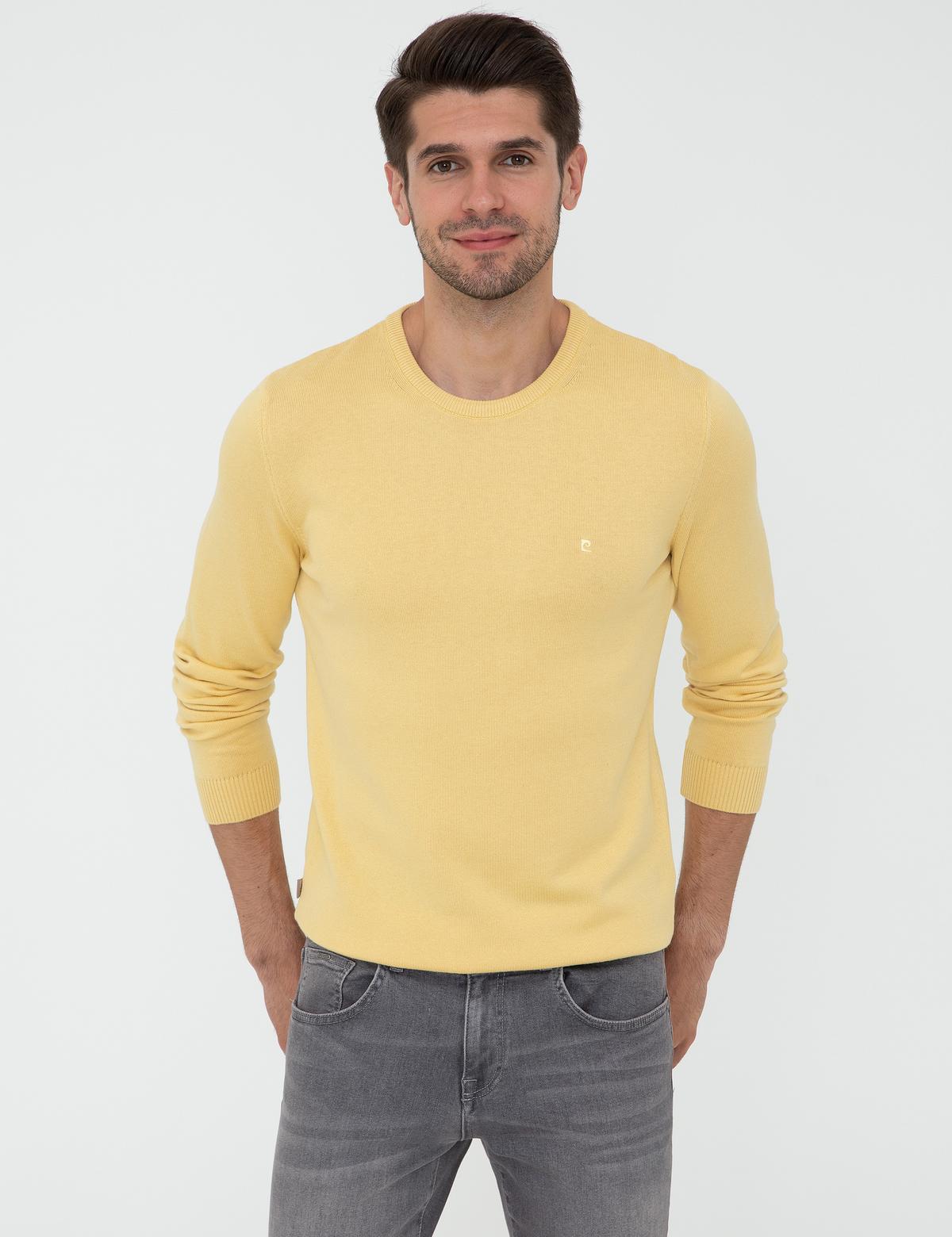 Açık Sarı Slim Fit Bisiklet Yaka Basic Triko Kazak