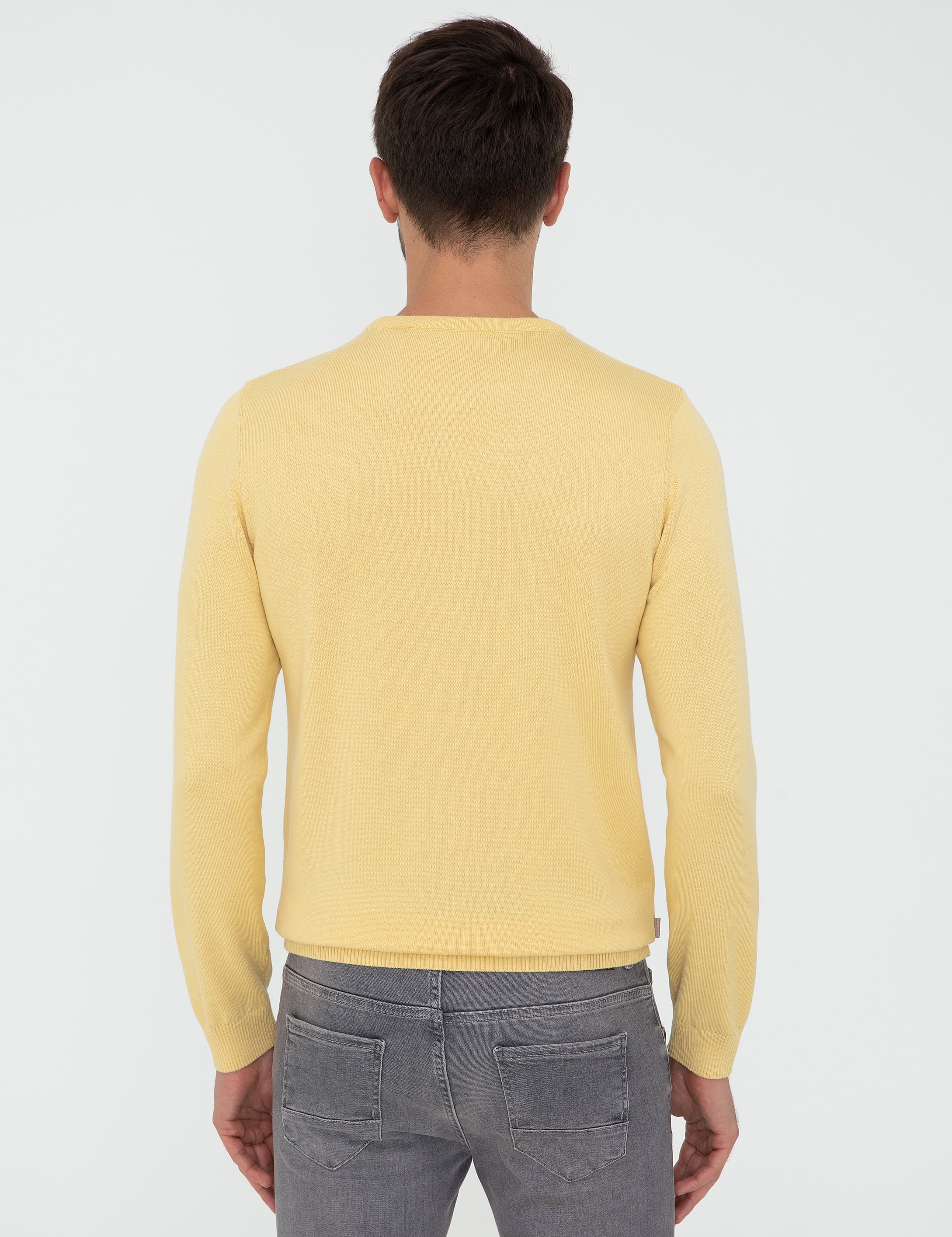 Açık Sarı Slim Fit Bisiklet Yaka Basic Triko Kazak - Image 4