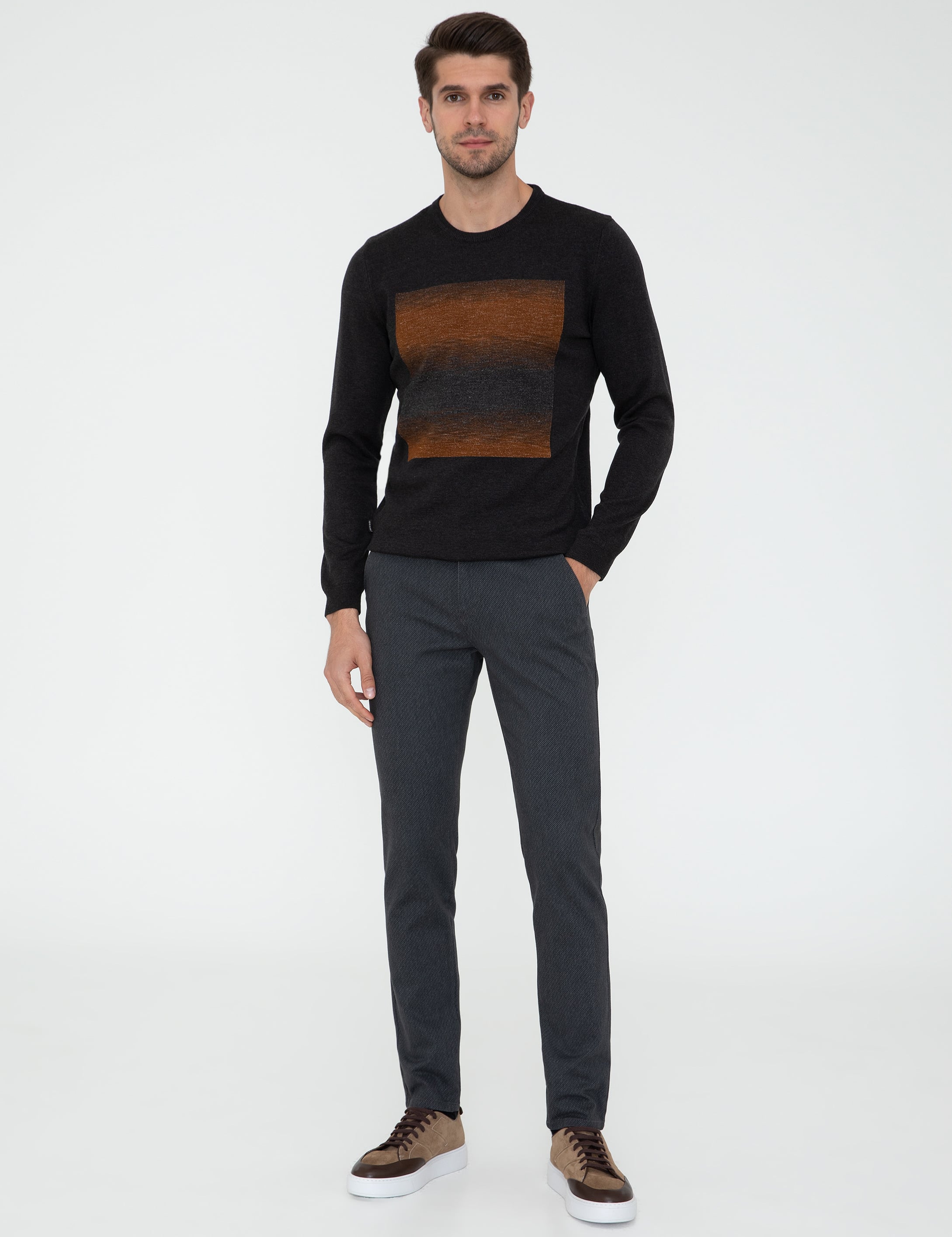 Antrasit Melanj Slim Fit Bisiklet Yaka Triko Kazak - Image 5