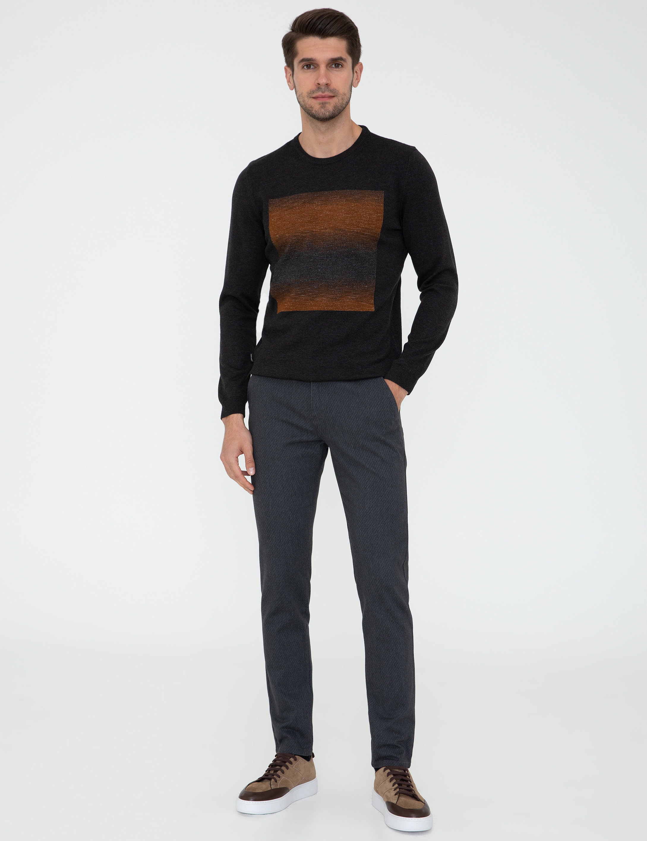 Antrasit Melanj Slim Fit Bisiklet Yaka Triko Kazak