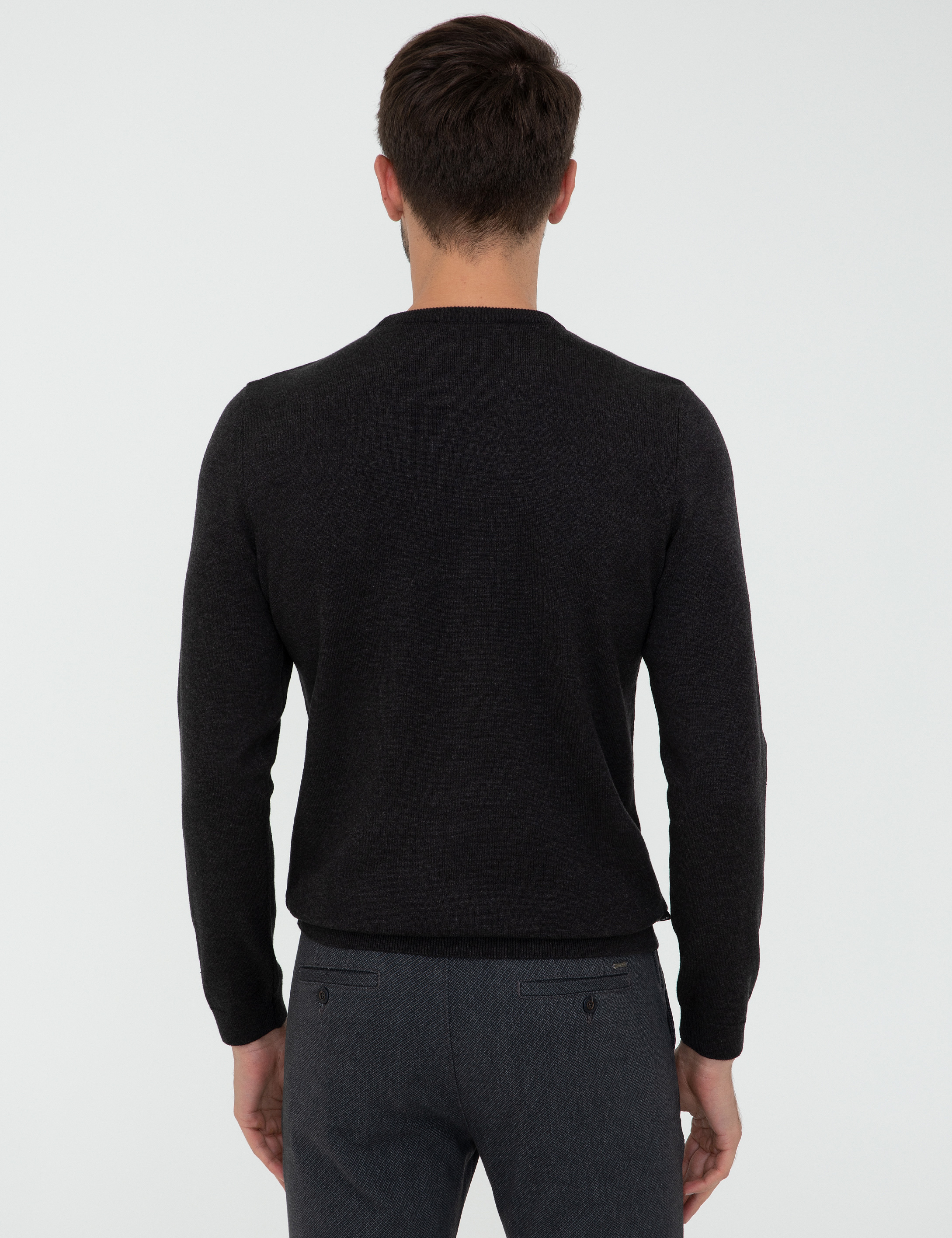 Antrasit Melanj Slim Fit Bisiklet Yaka Triko Kazak