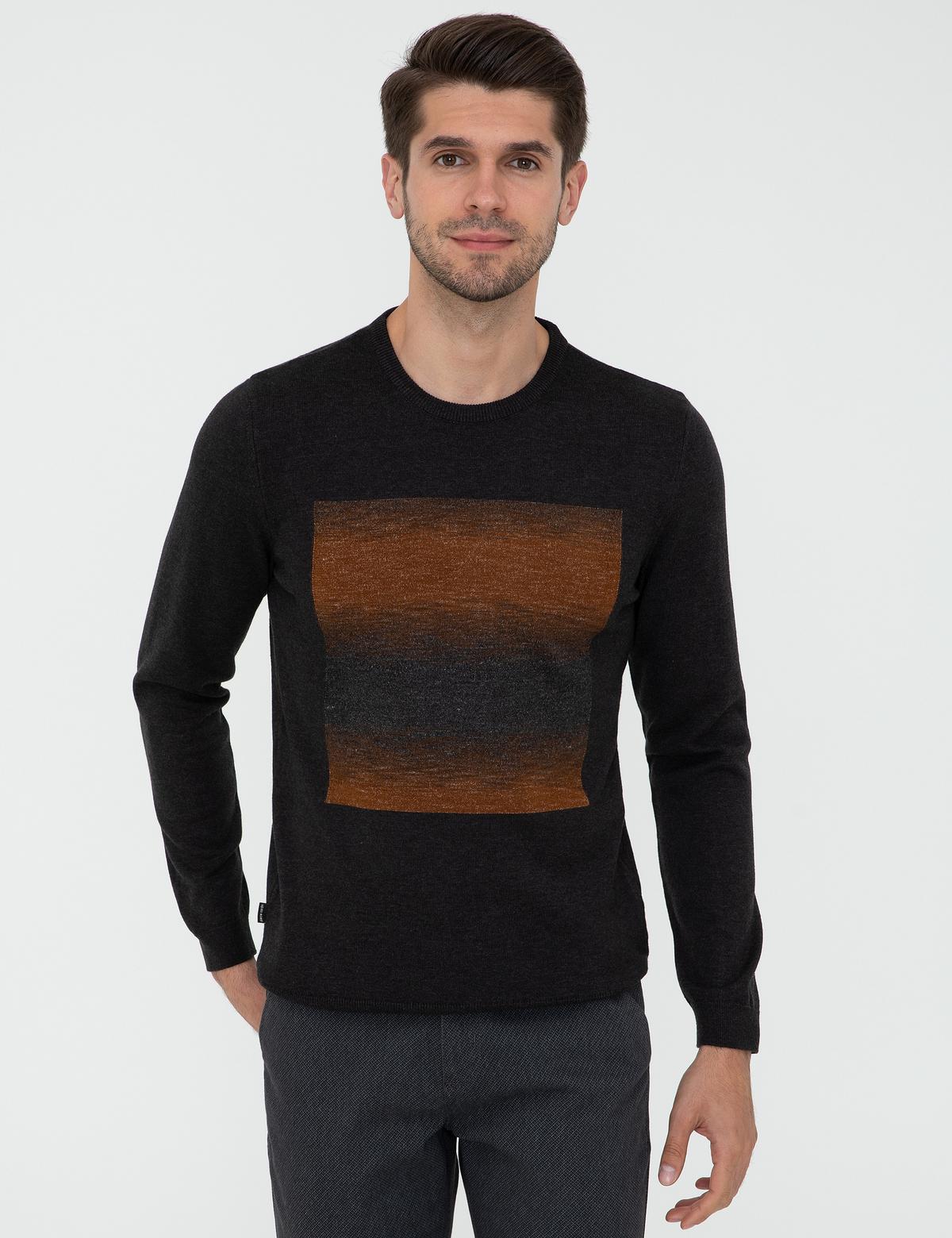 Antrasit Melanj Slim Fit Bisiklet Yaka Triko Kazak