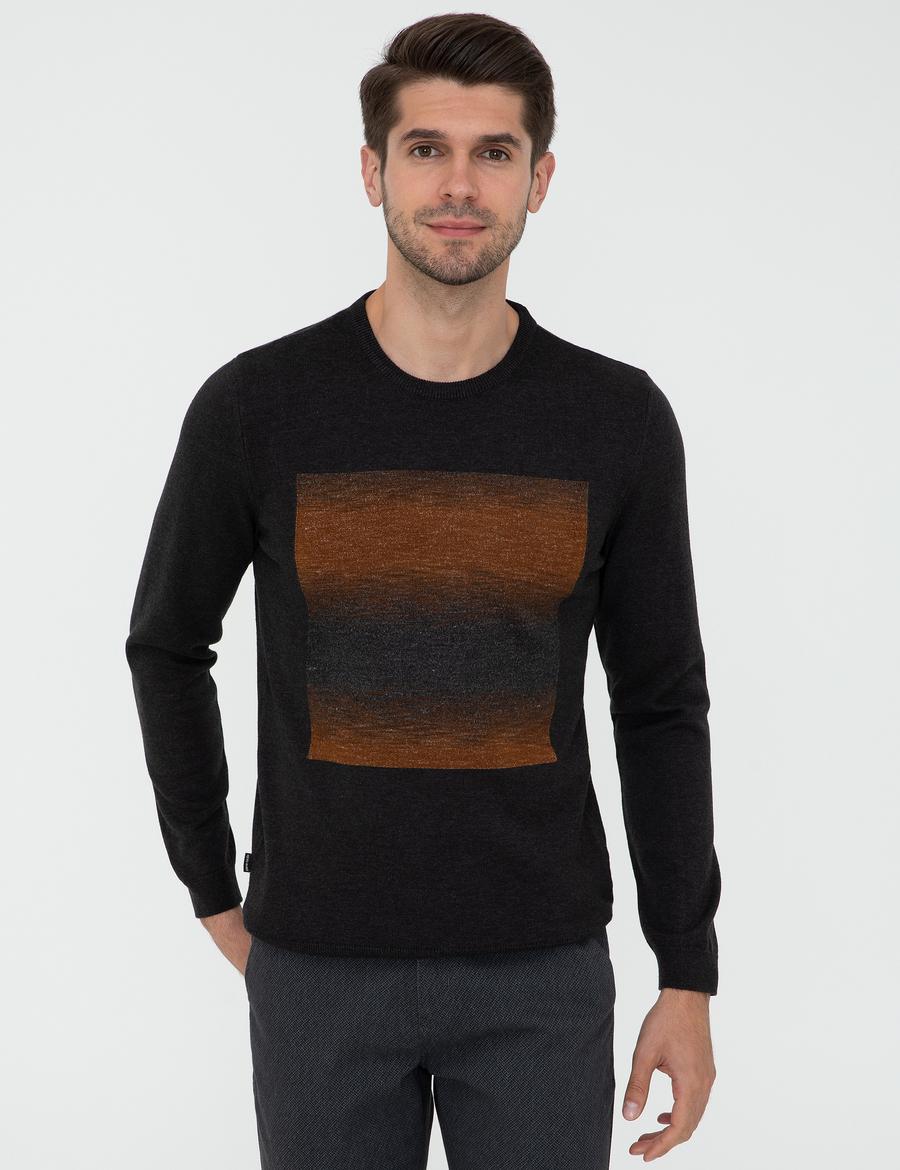 Antrasit Melanj Slim Fit Bisiklet Yaka Triko Kazak