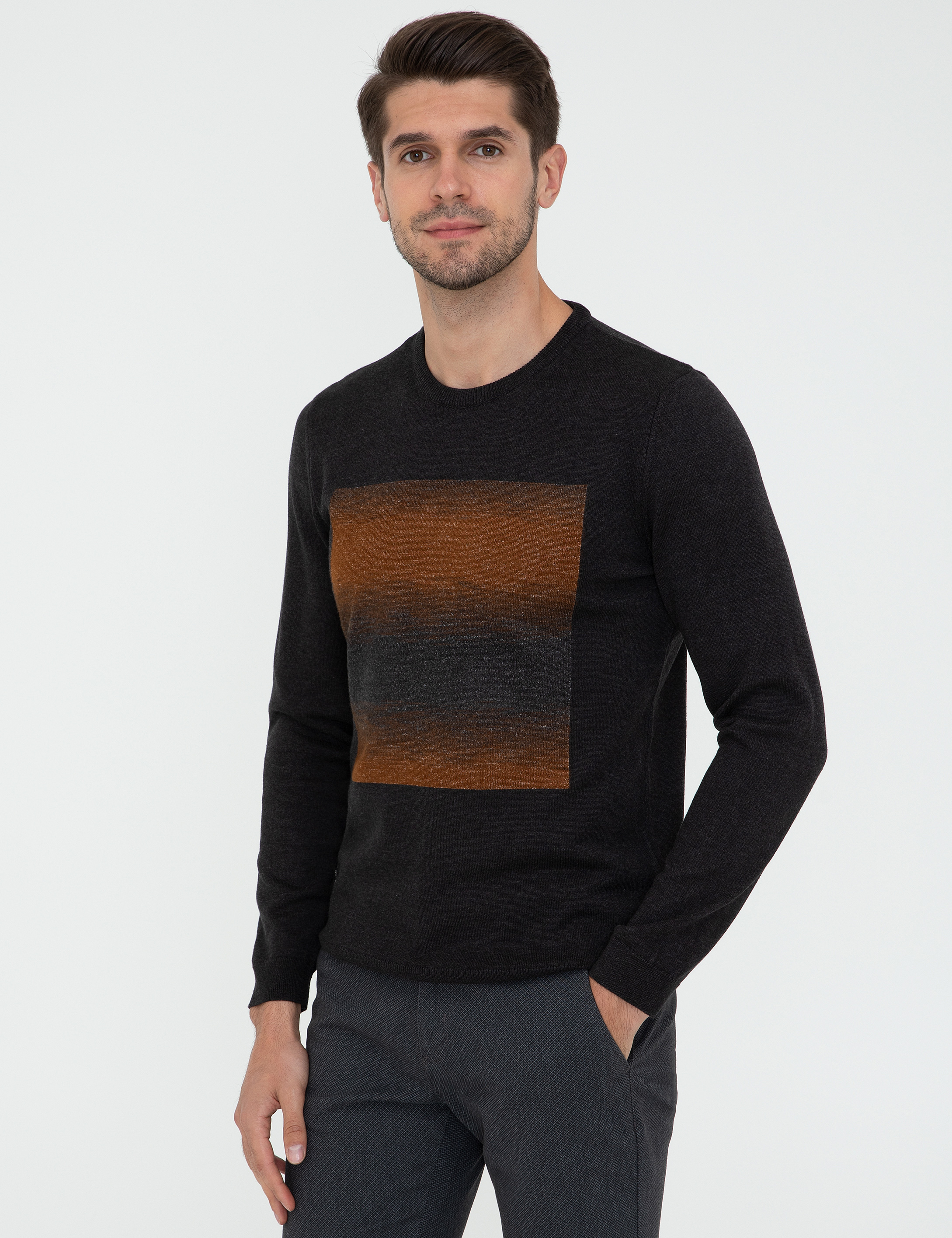 Pierre Cardin Antrasit Melanj Slim Fit Bisiklet Yaka Triko Kazak görsel 3