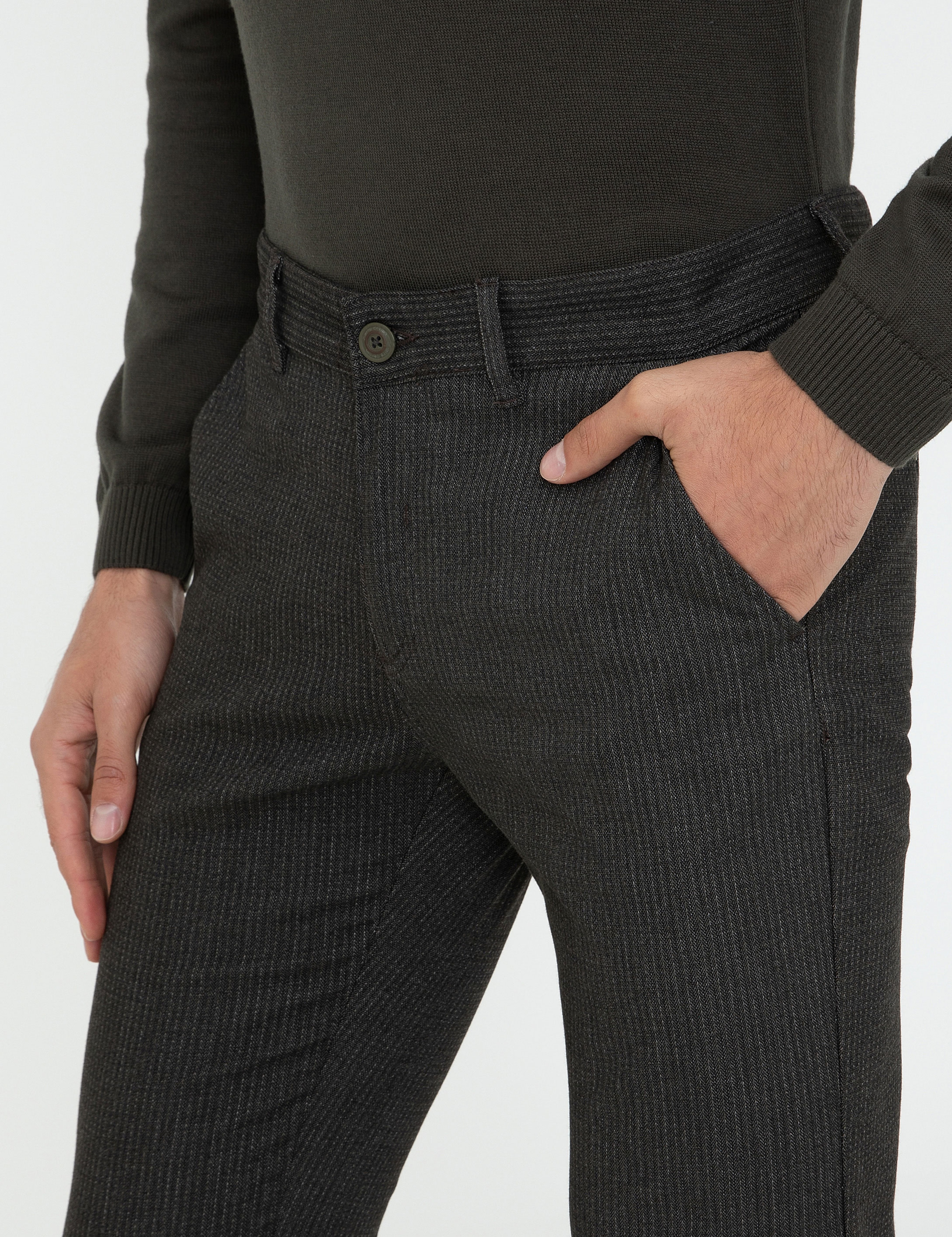 Haki Slim Fit Çizgili Keten Karışımlı Kanvas Pantolon - Image 5