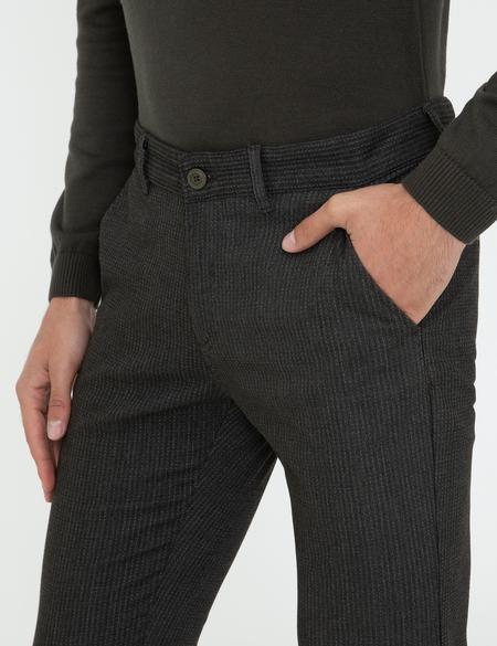 Haki Slim Fit Çizgili Keten Karışımlı Kanvas Pantolon - 50241491047