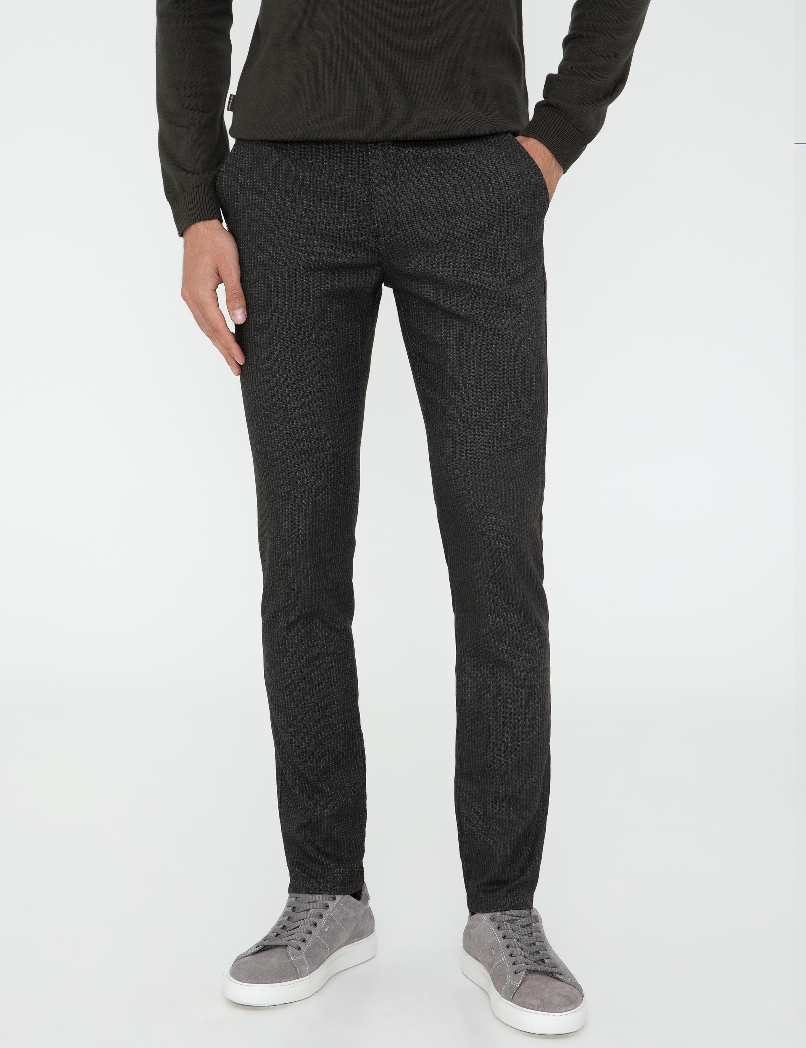 Haki Slim Fit Çizgili Keten Karışımlı Kanvas Pantolon