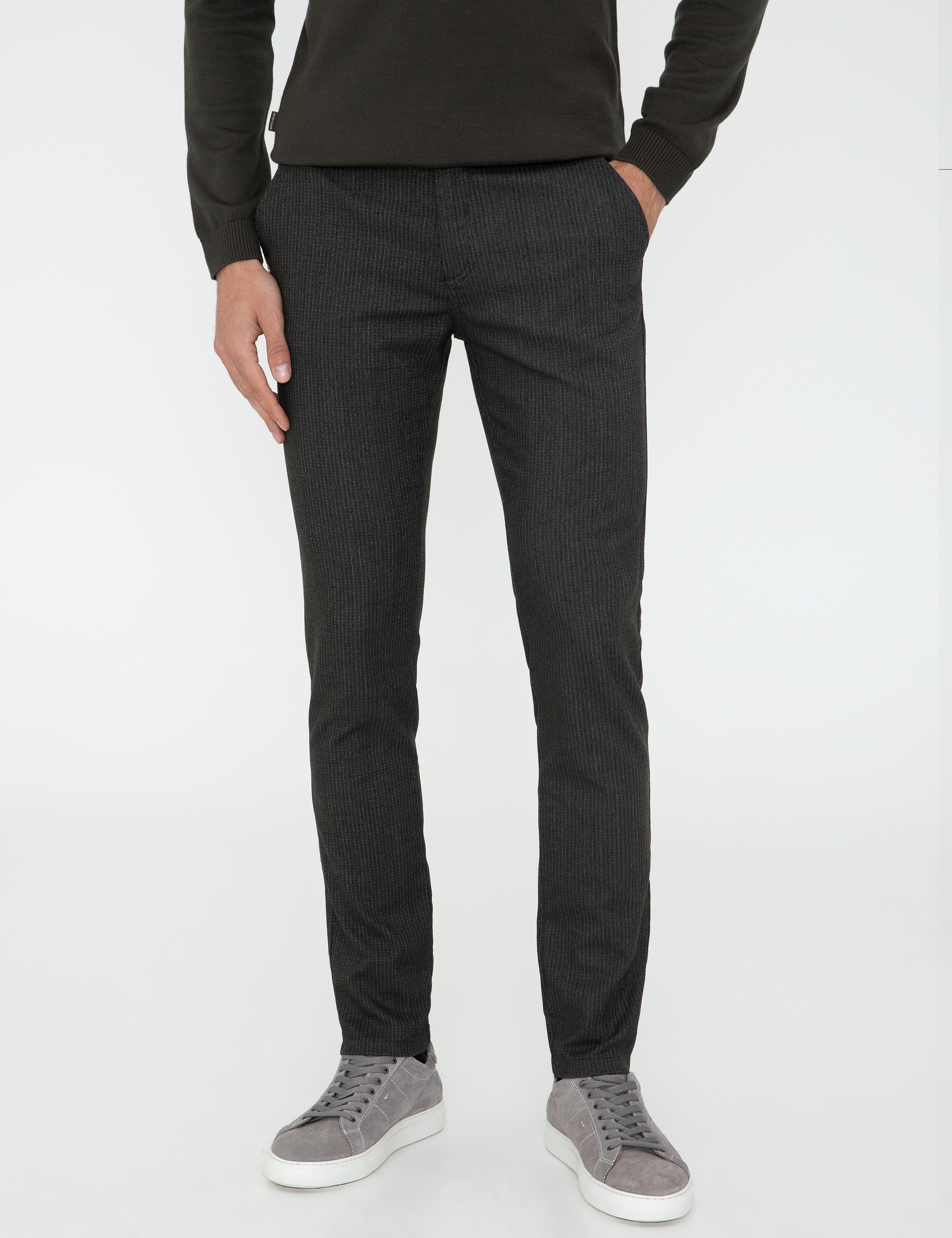 Haki Slim Fit Çizgili Keten Karışımlı Kanvas Pantolon