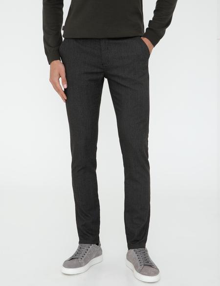 Haki Slim Fit Çizgili Keten Karışımlı Kanvas Pantolon - 50241491047