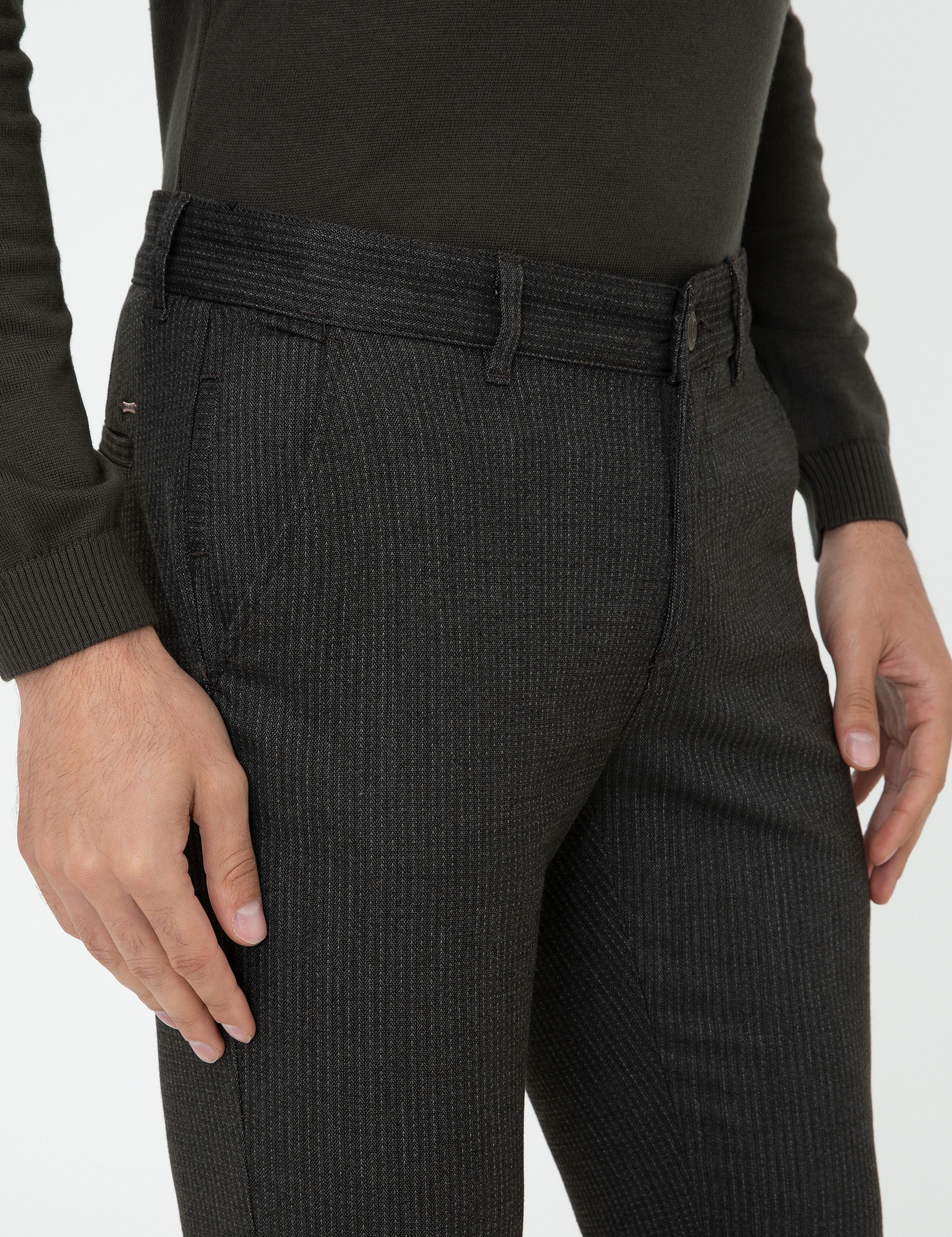 Haki Slim Fit Çizgili Keten Karışımlı Kanvas Pantolon - Image 4