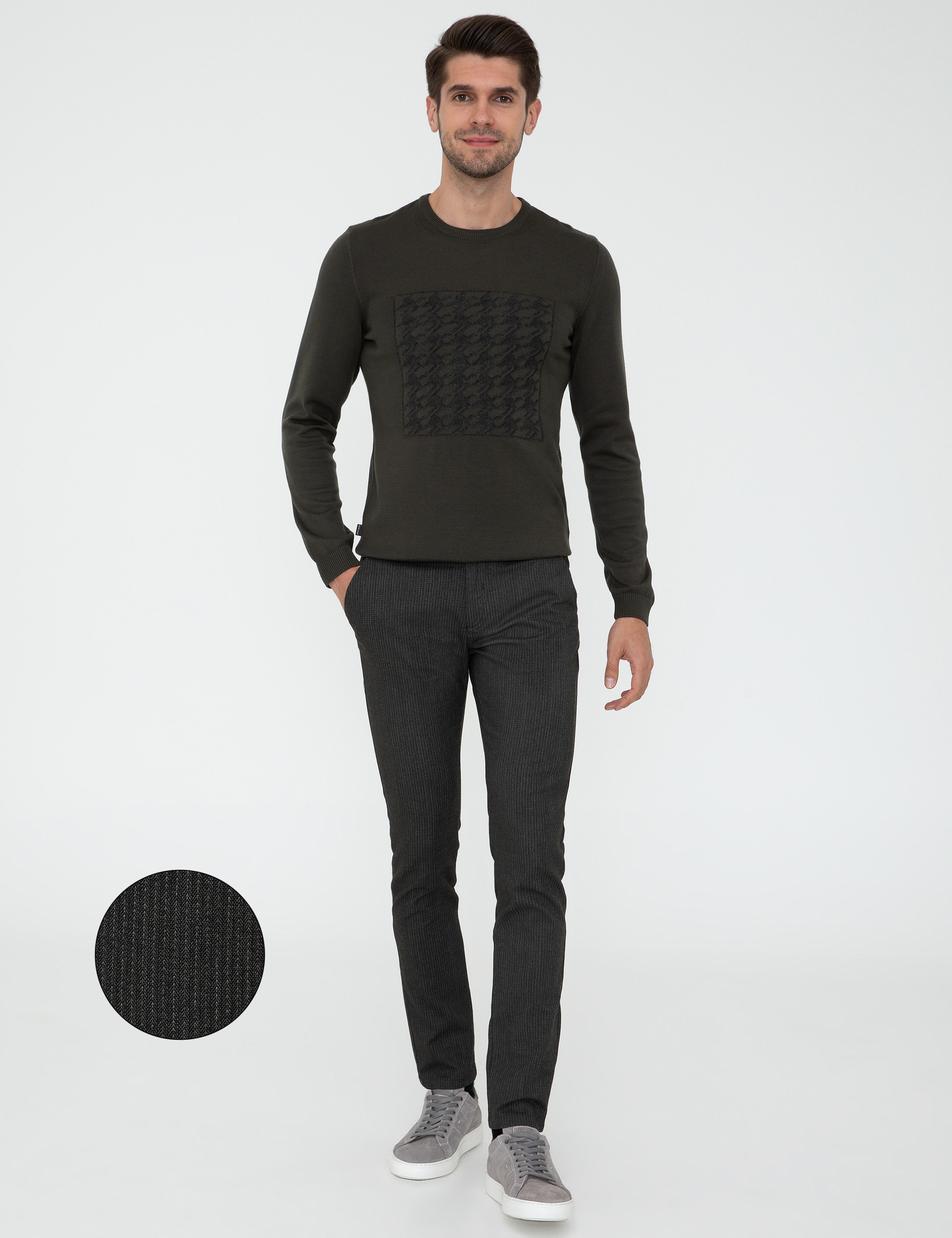Haki Slim Fit Çizgili Keten Karışımlı Kanvas Pantolon