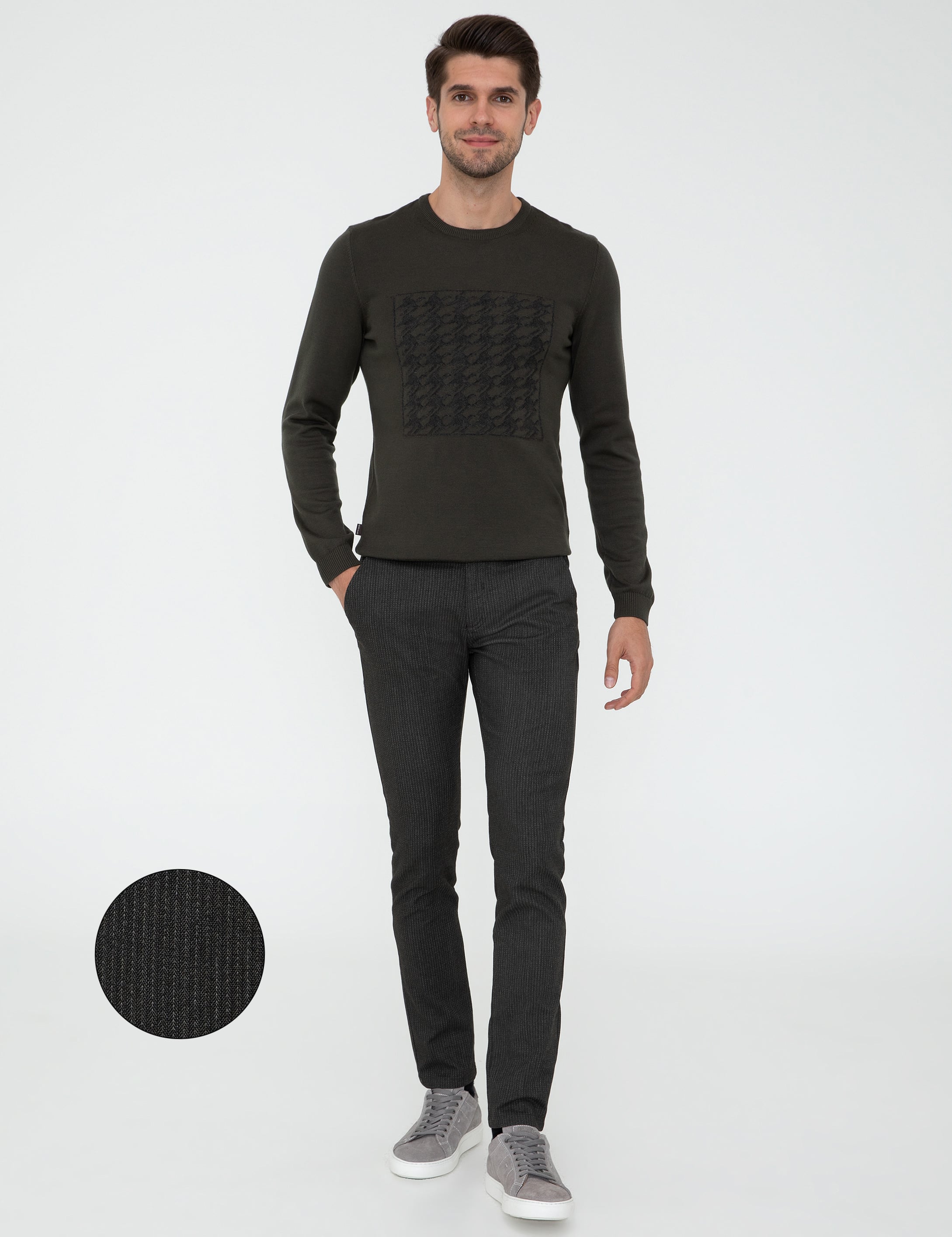 Haki Slim Fit Çizgili Keten Karışımlı Kanvas Pantolon
