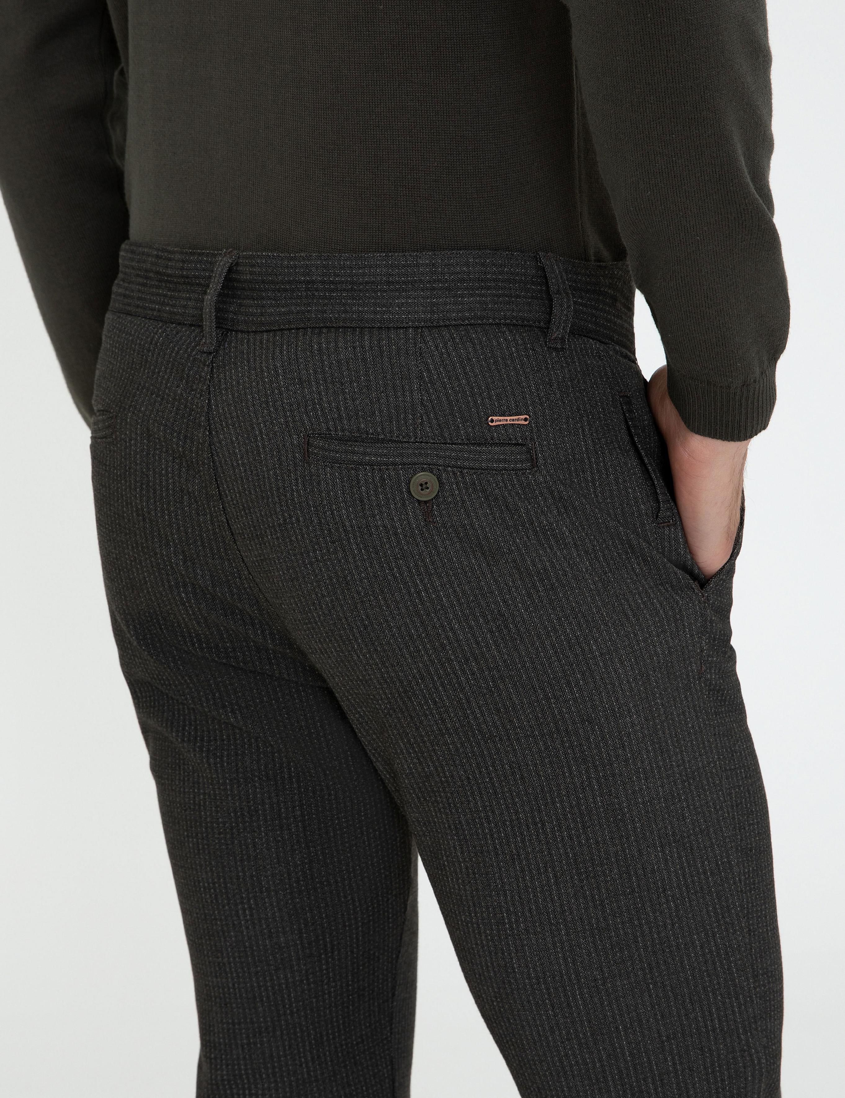 Haki Slim Fit Çizgili Keten Karışımlı Kanvas Pantolon