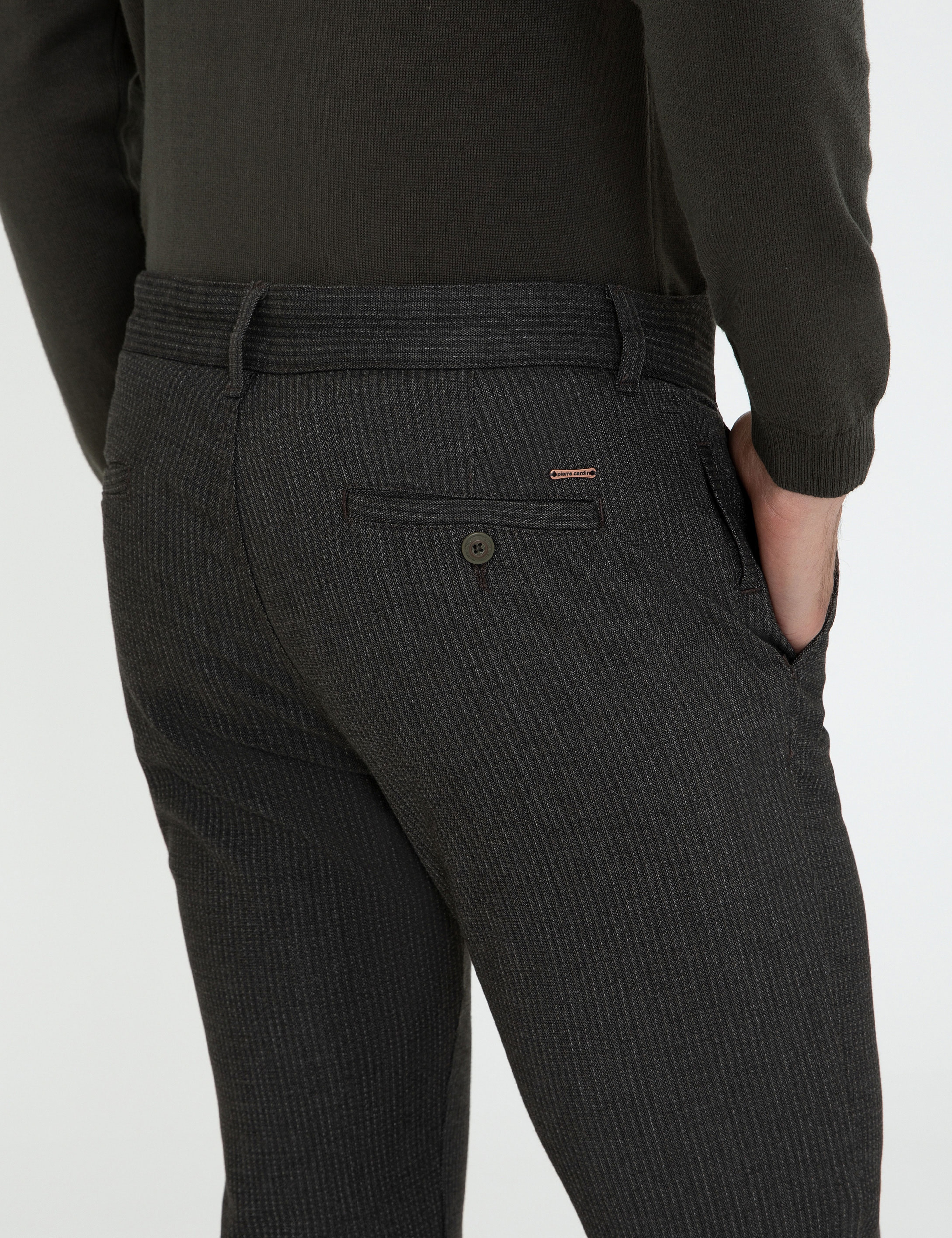 Haki Slim Fit Çizgili Keten Karışımlı Kanvas Pantolon - Image 6