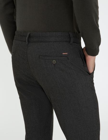 Haki Slim Fit Çizgili Keten Karışımlı Kanvas Pantolon - 50241491047