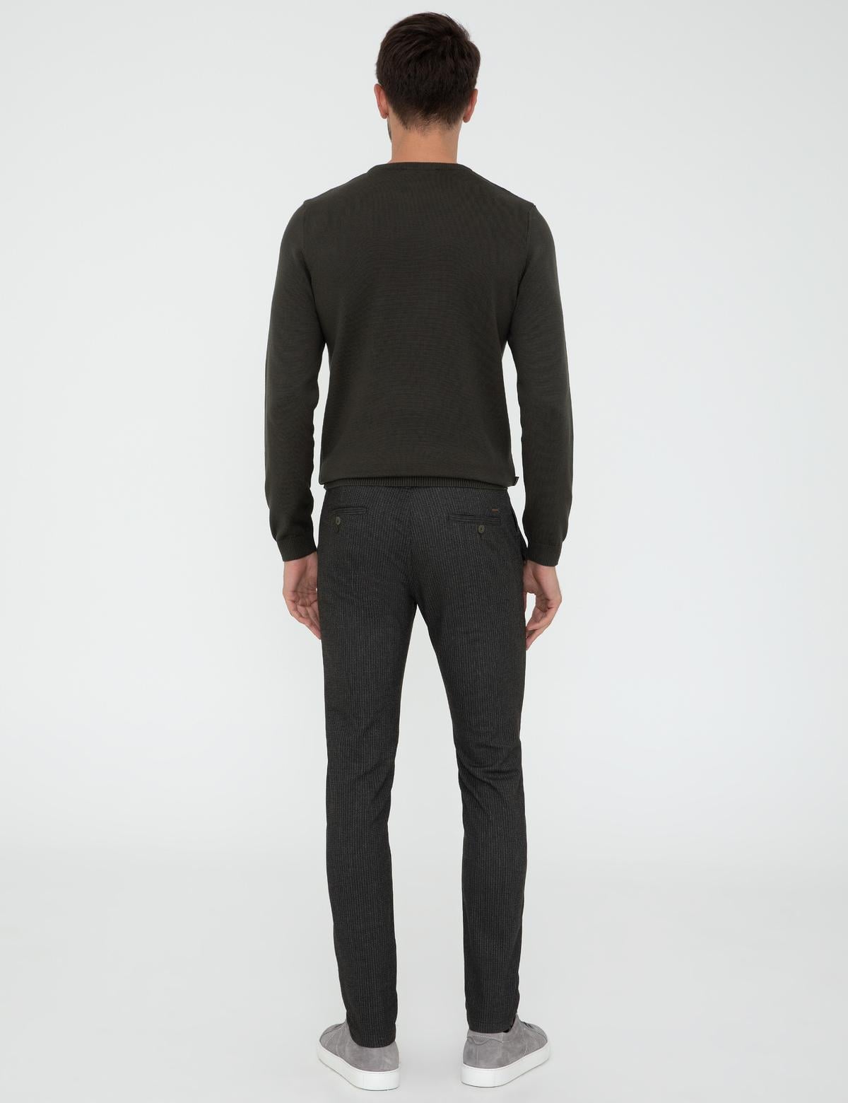 Haki Slim Fit Çizgili Keten Karışımlı Kanvas Pantolon - 50241491047