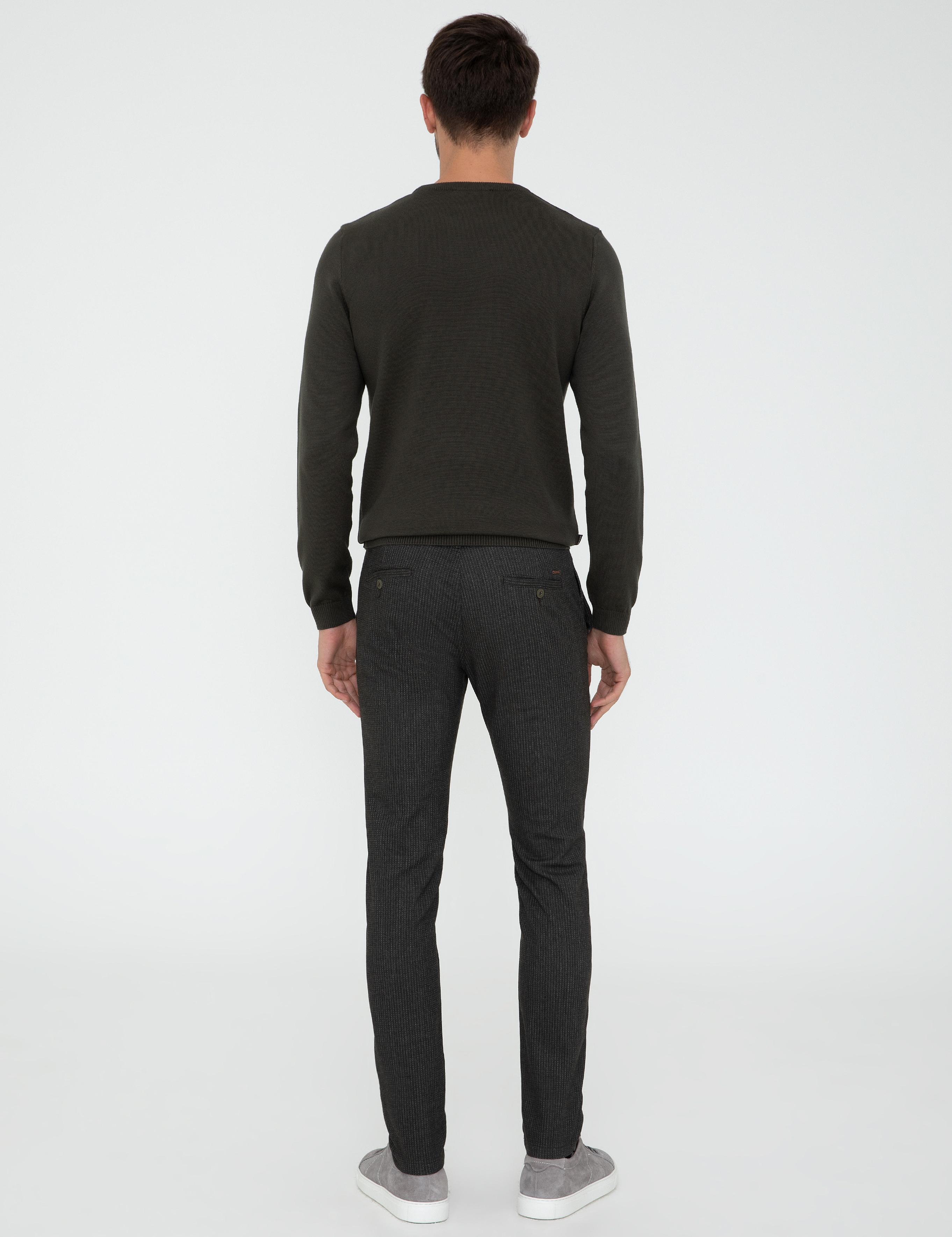 Haki Slim Fit Çizgili Keten Karışımlı Kanvas Pantolon