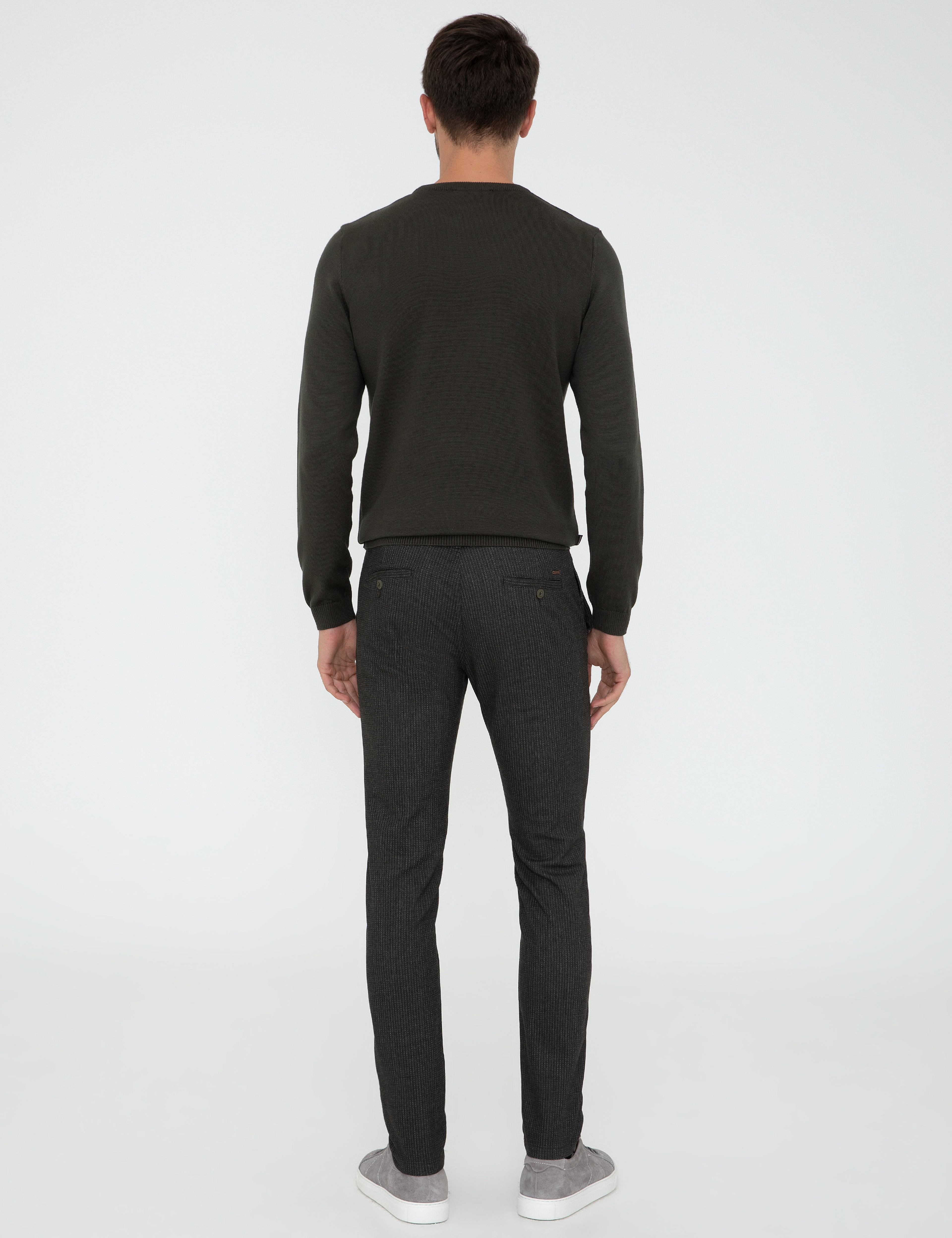 Haki Slim Fit Çizgili Keten Karışımlı Kanvas Pantolon - Image 3