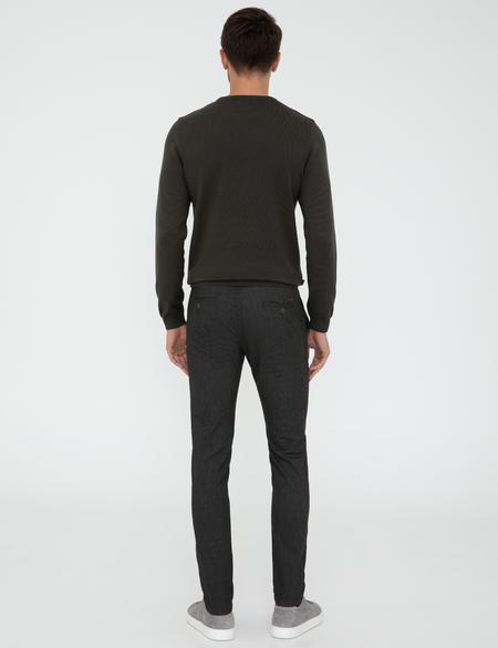 Haki Slim Fit Çizgili Keten Karışımlı Kanvas Pantolon - 50241491047