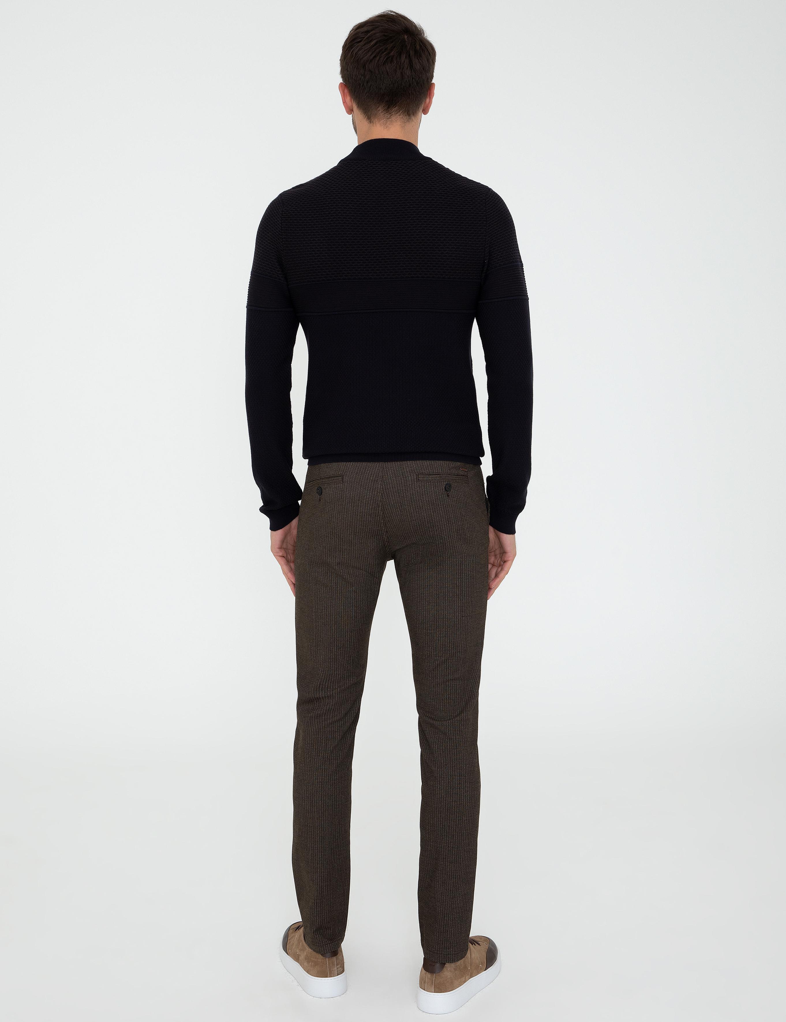 Kahverengi Slim Fit Çizgili Keten Karışımlı Kanvas Pantolon