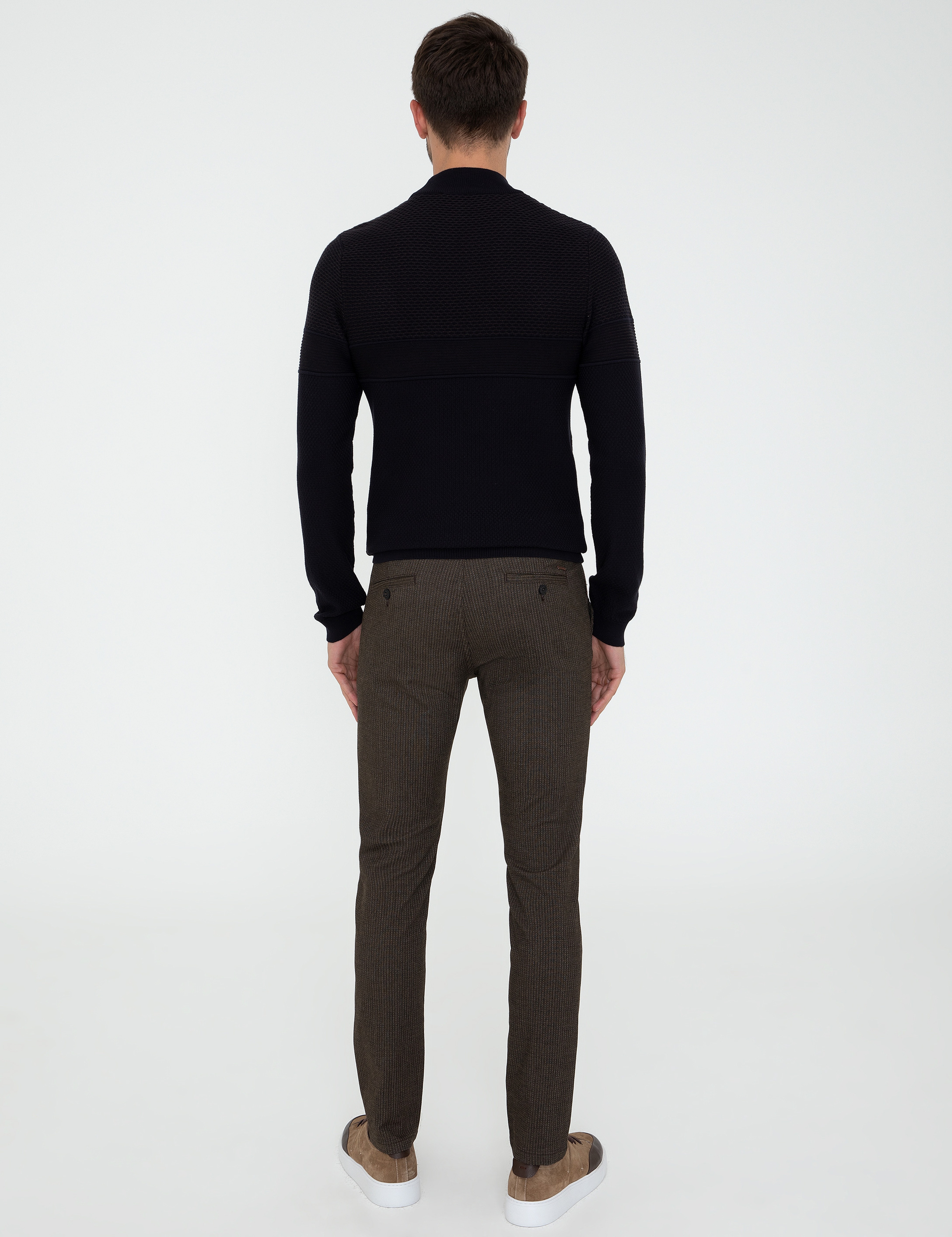 Kahverengi Slim Fit Çizgili Keten Karışımlı Kanvas Pantolon - Image 3