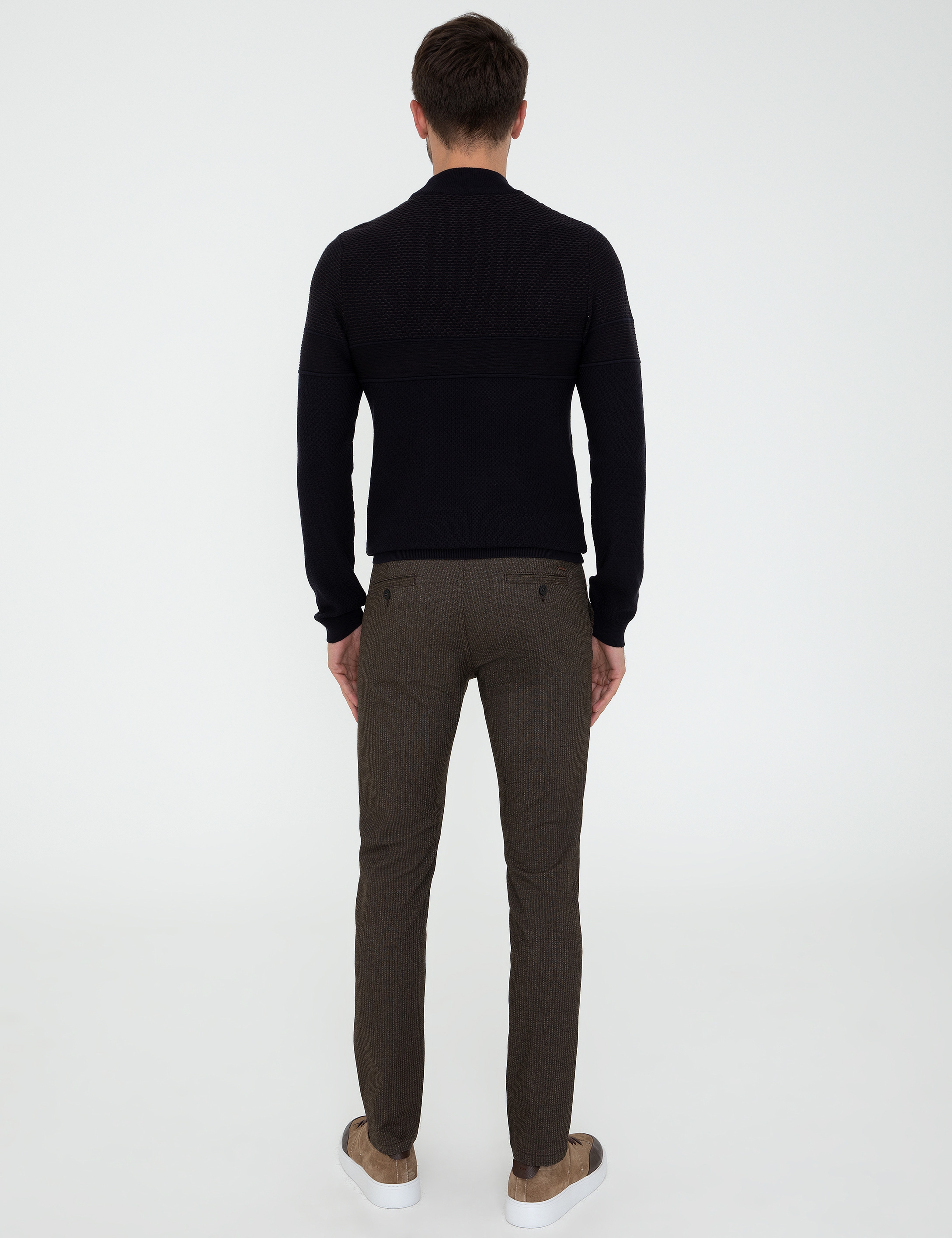 Kahverengi Slim Fit Çizgili Keten Karışımlı Kanvas Pantolon