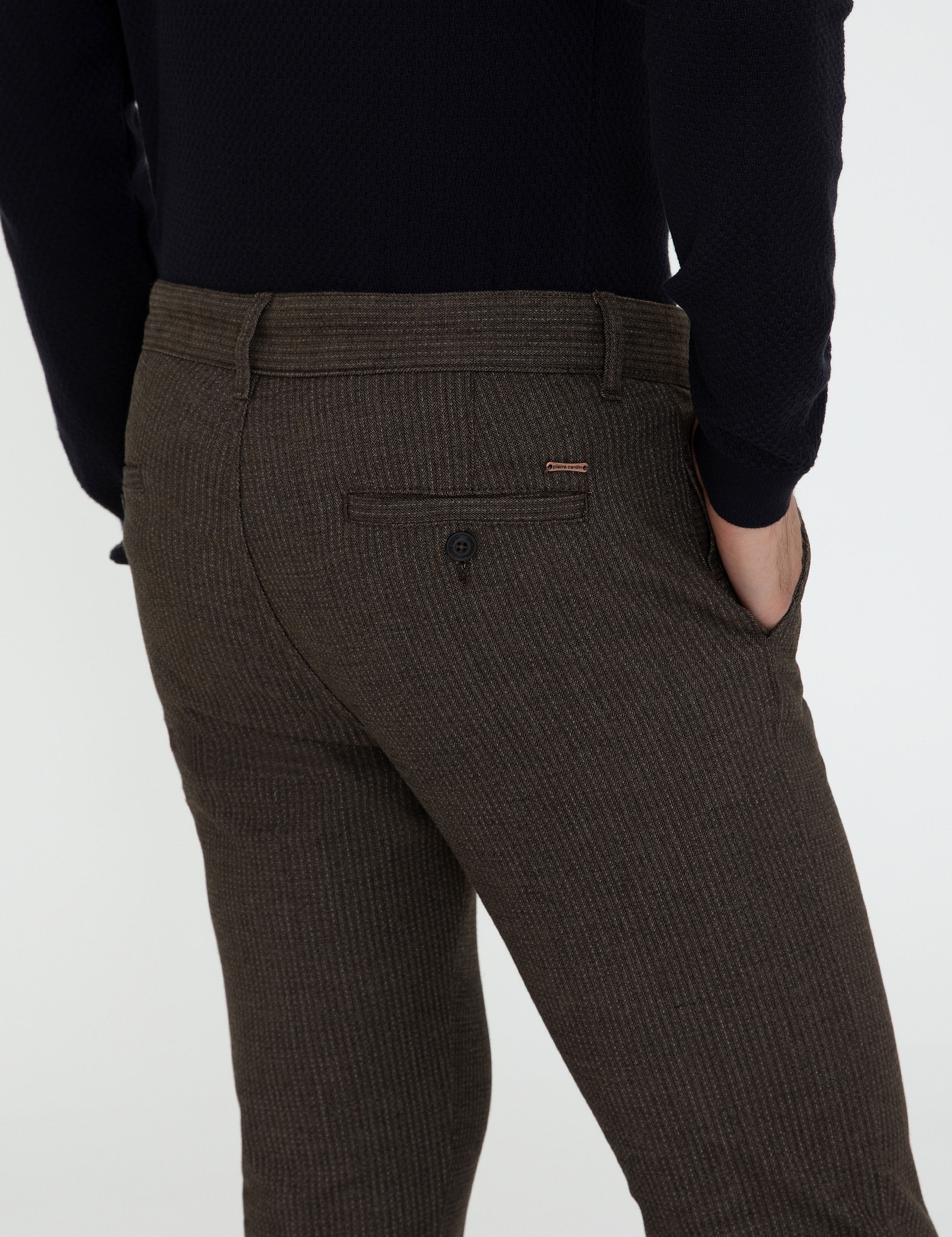 Kahverengi Slim Fit Çizgili Keten Karışımlı Kanvas Pantolon - Image 6