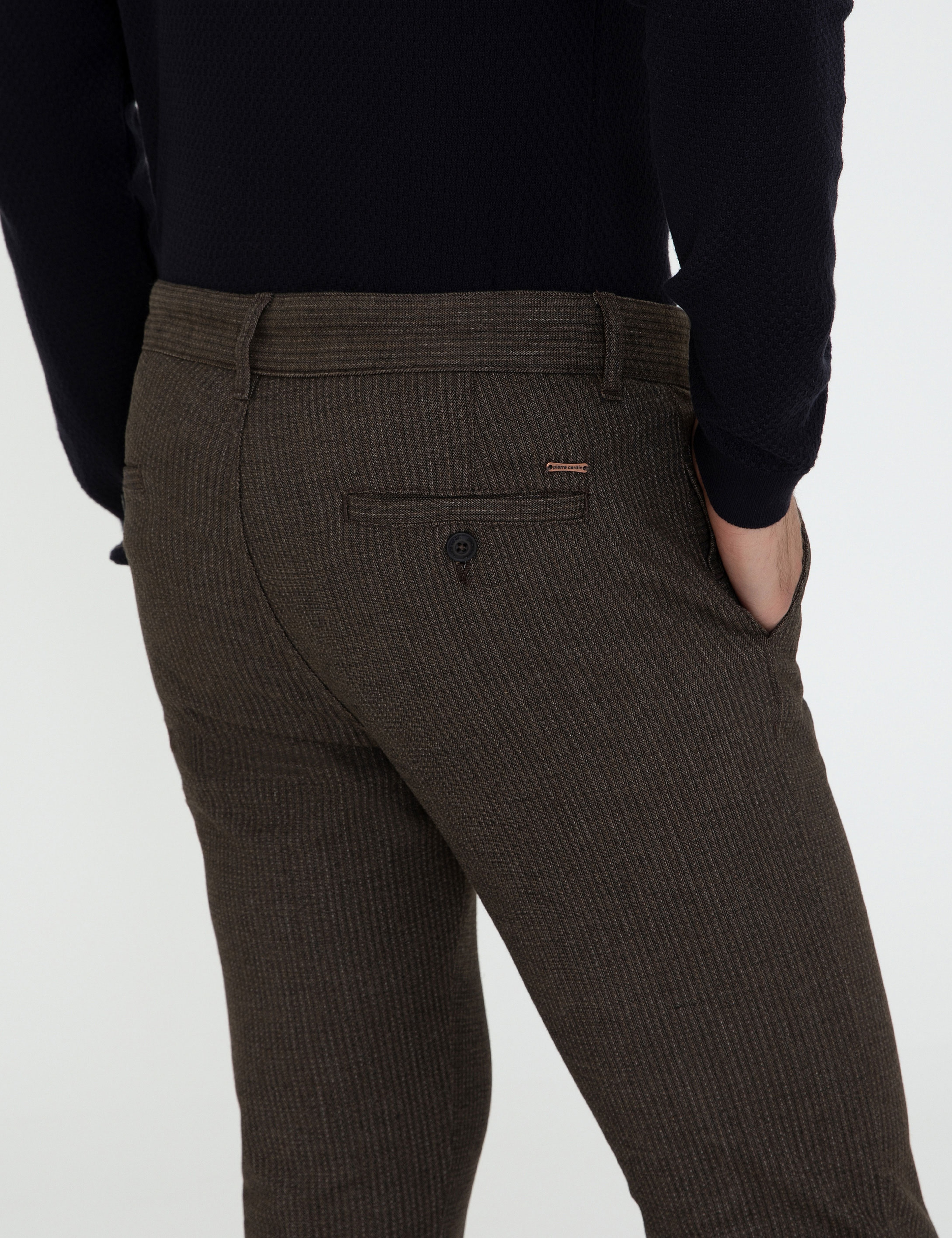 Kahverengi Slim Fit Çizgili Keten Karışımlı Kanvas Pantolon