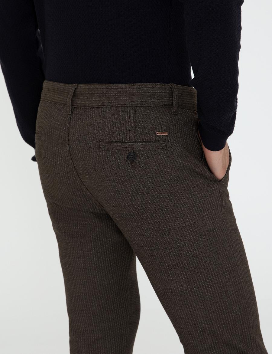 Kahverengi Slim Fit Çizgili Keten Karışımlı Kanvas Pantolon