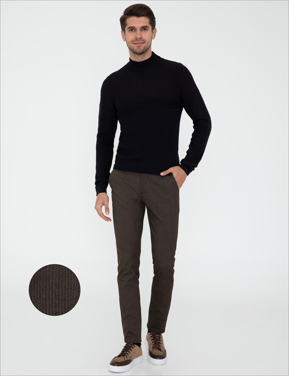 Kahverengi Slim Fit Çizgili Keten Karışımlı Kanvas Pantolon