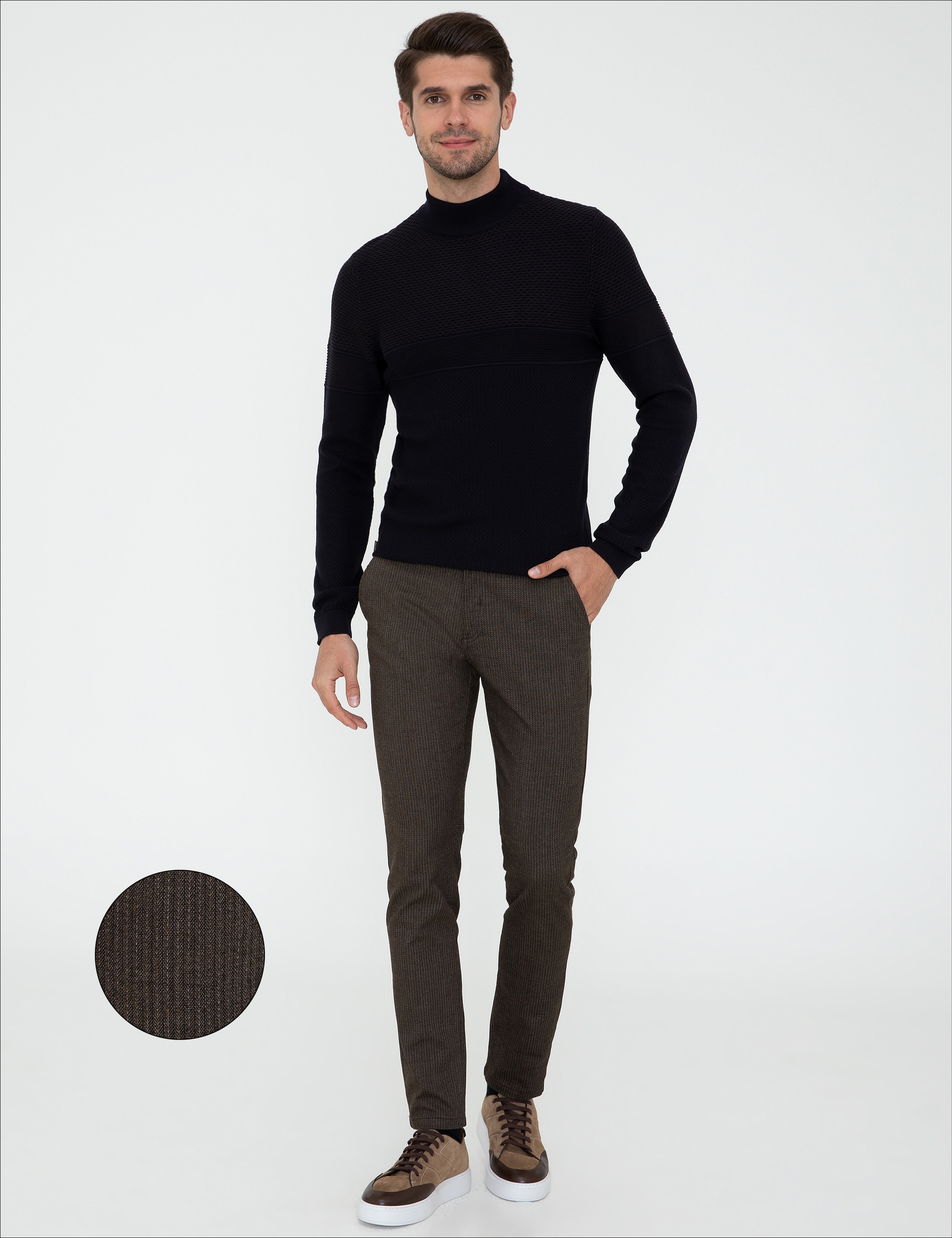 Kahverengi Slim Fit Çizgili Keten Karışımlı Kanvas Pantolon