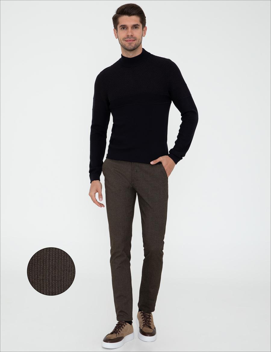 Kahverengi Slim Fit Çizgili Keten Karışımlı Kanvas Pantolon