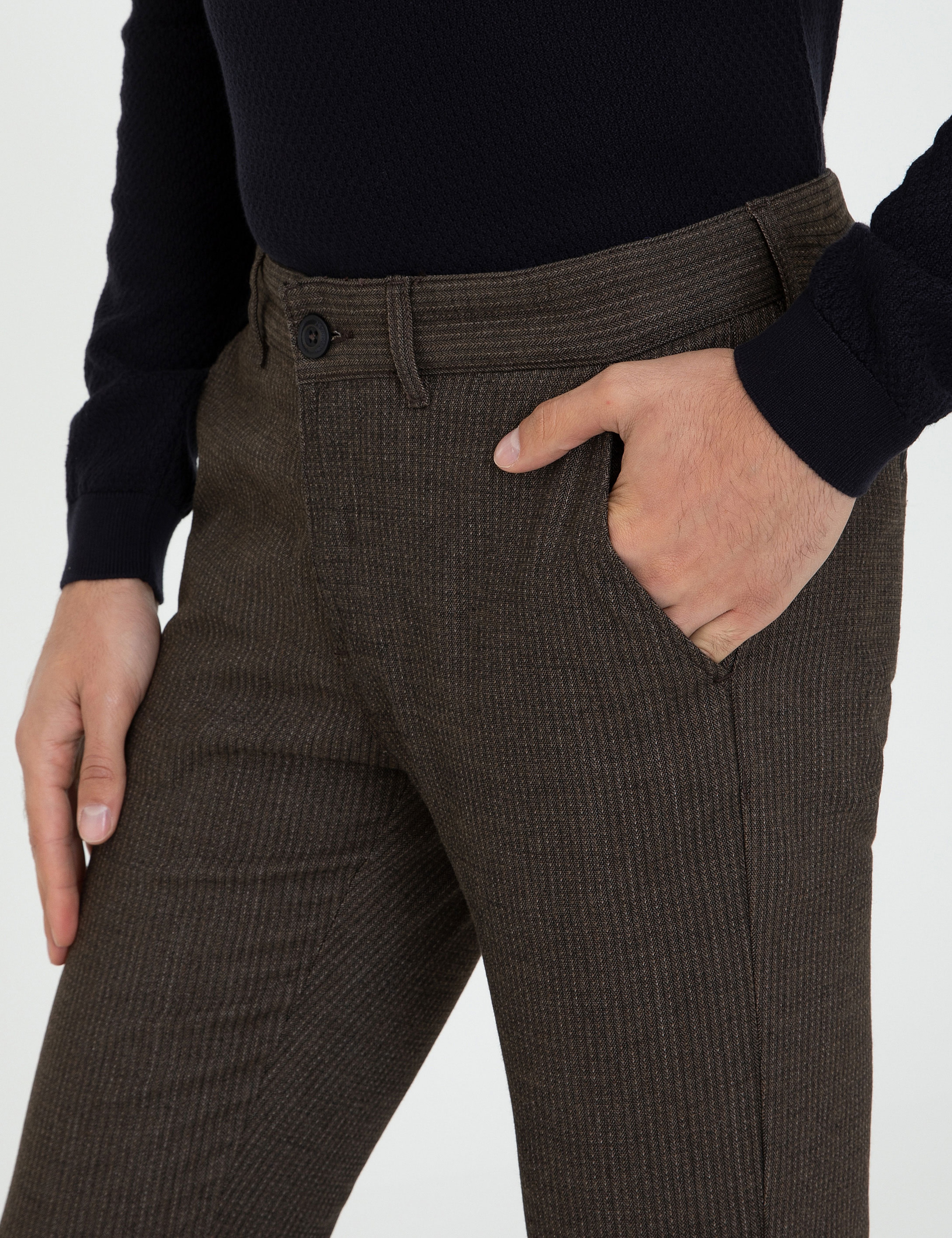 Kahverengi Slim Fit Çizgili Keten Karışımlı Kanvas Pantolon