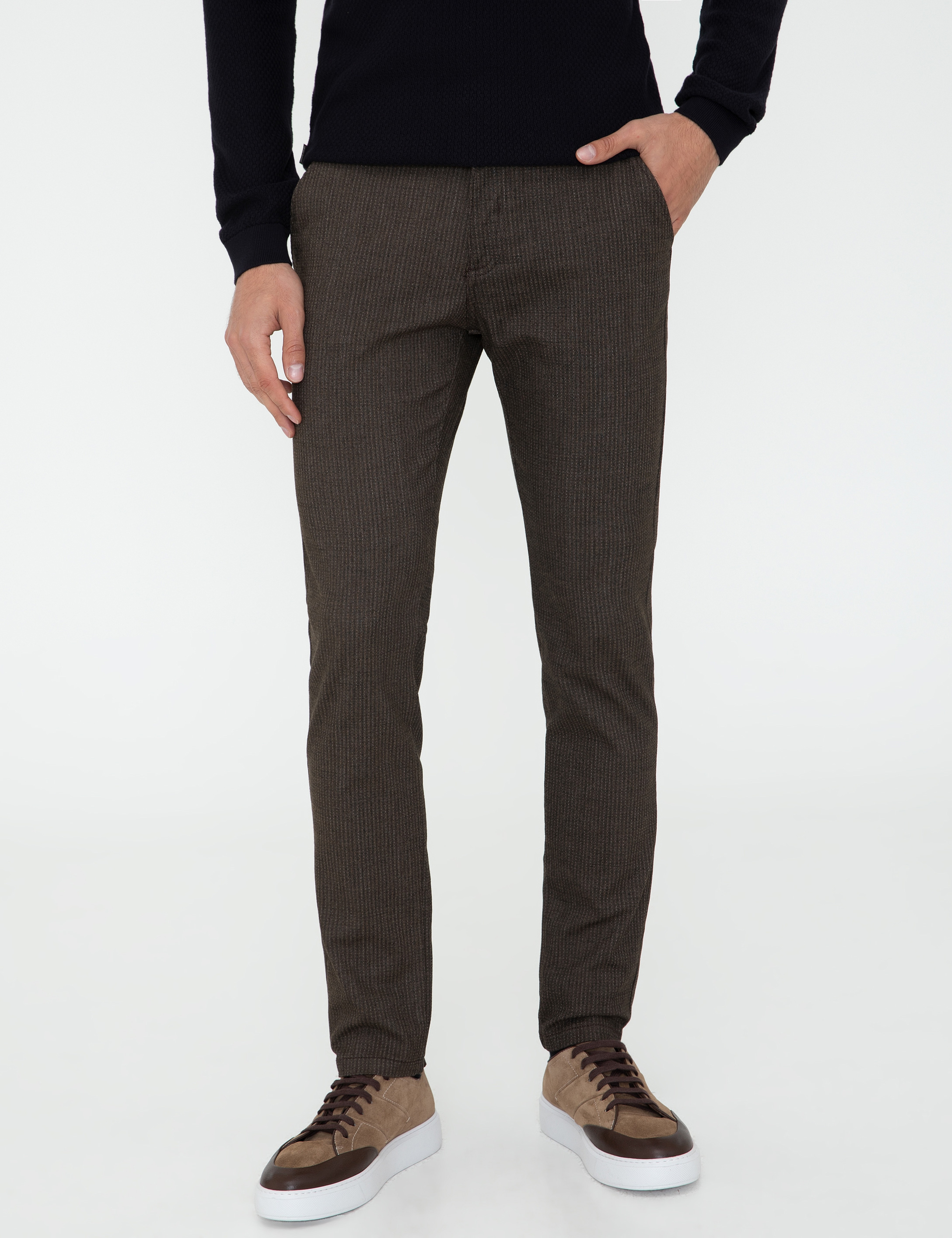 Kahverengi Slim Fit Çizgili Keten Karışımlı Kanvas Pantolon - Image 2
