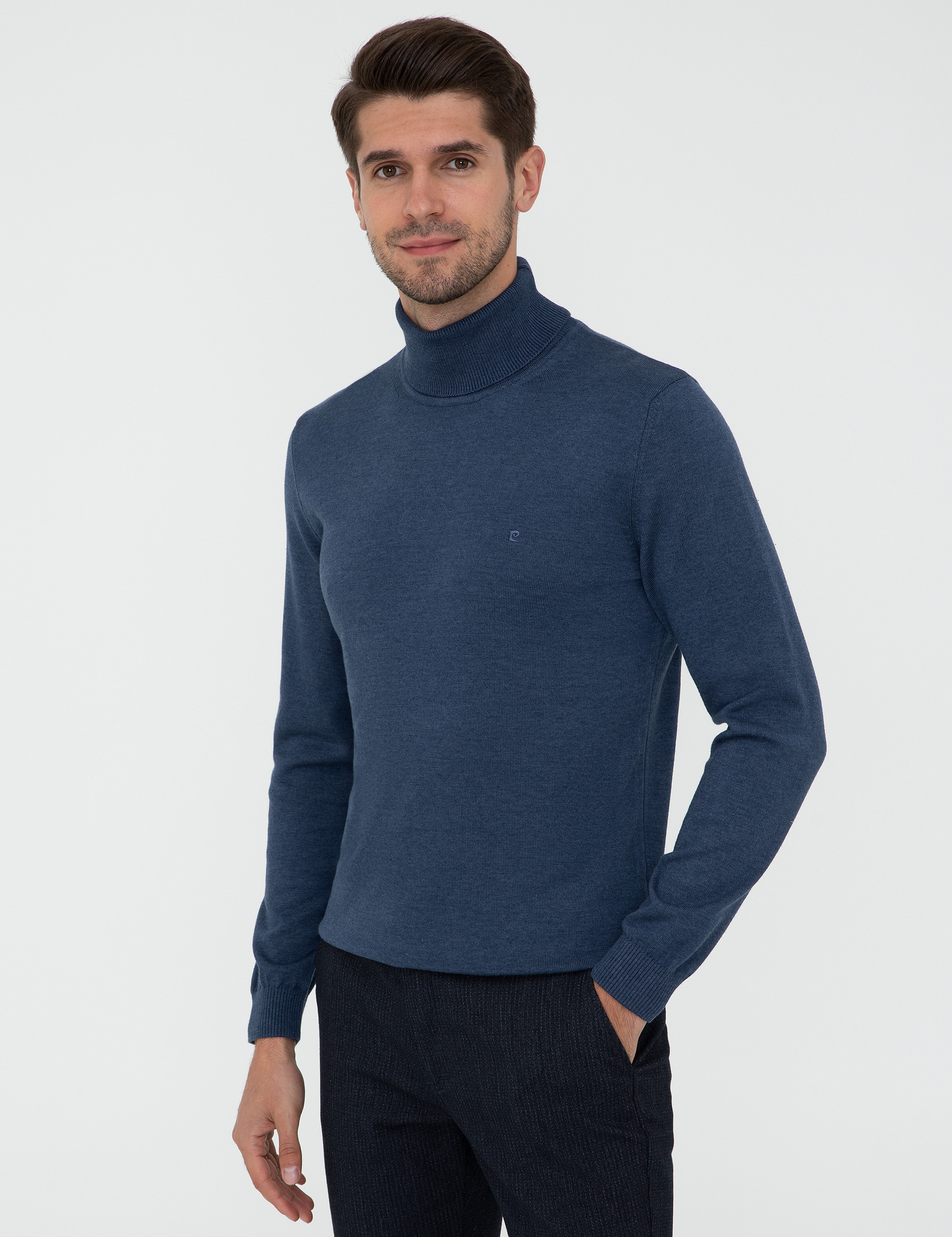 İndigo Melanj Slim Fit Balıkçı Yaka Basic Triko Kazak - Image 3