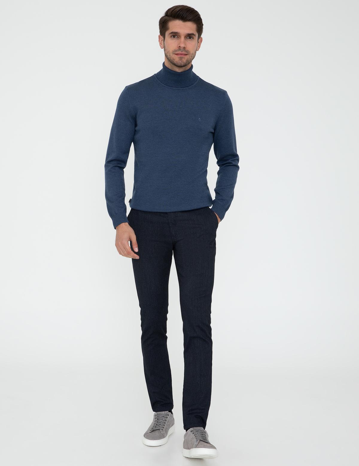 İndigo Melanj Slim Fit Balıkçı Yaka Basic Triko Kazak - 50237807083