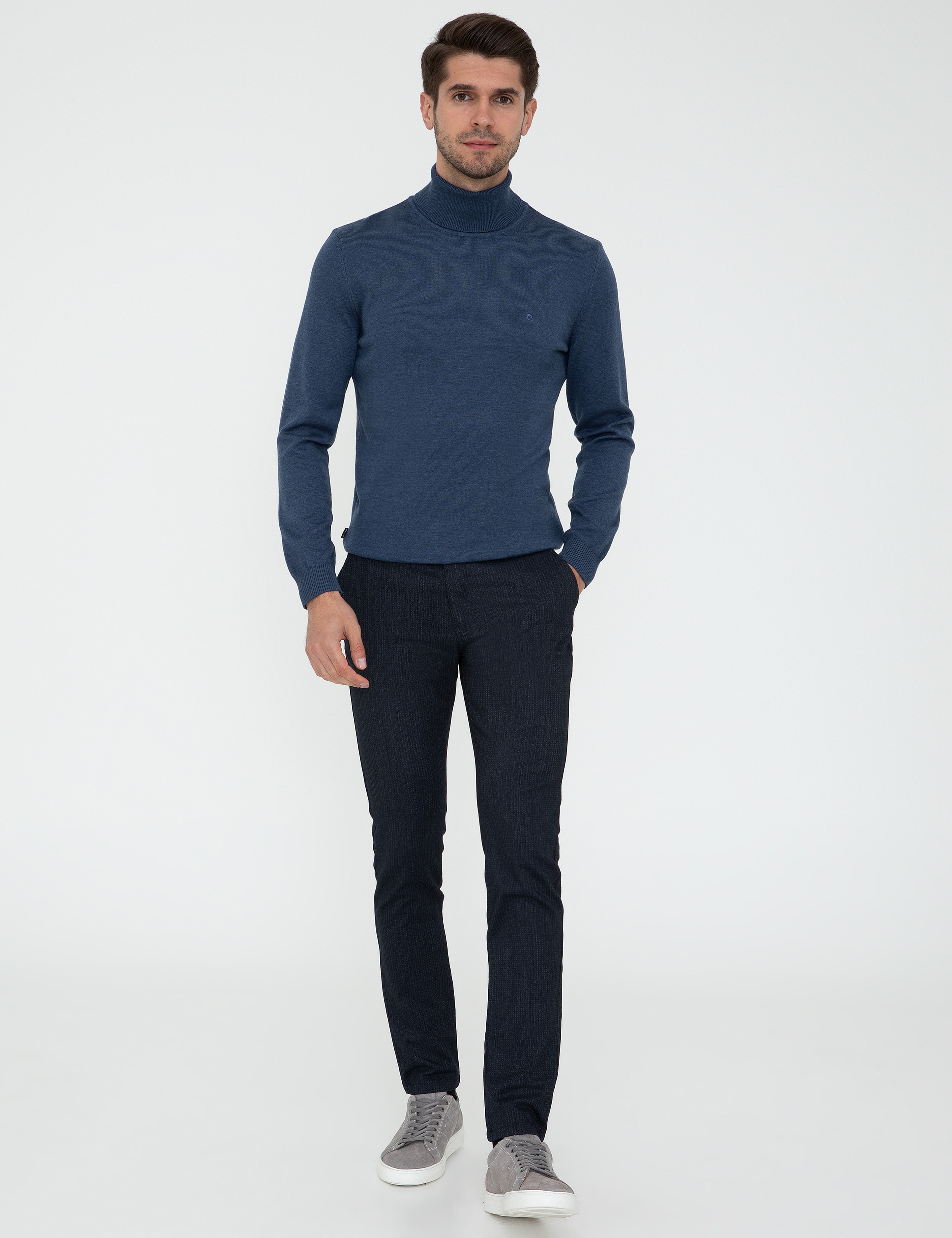 İndigo Melanj Slim Fit Balıkçı Yaka Basic Triko Kazak - Image 5