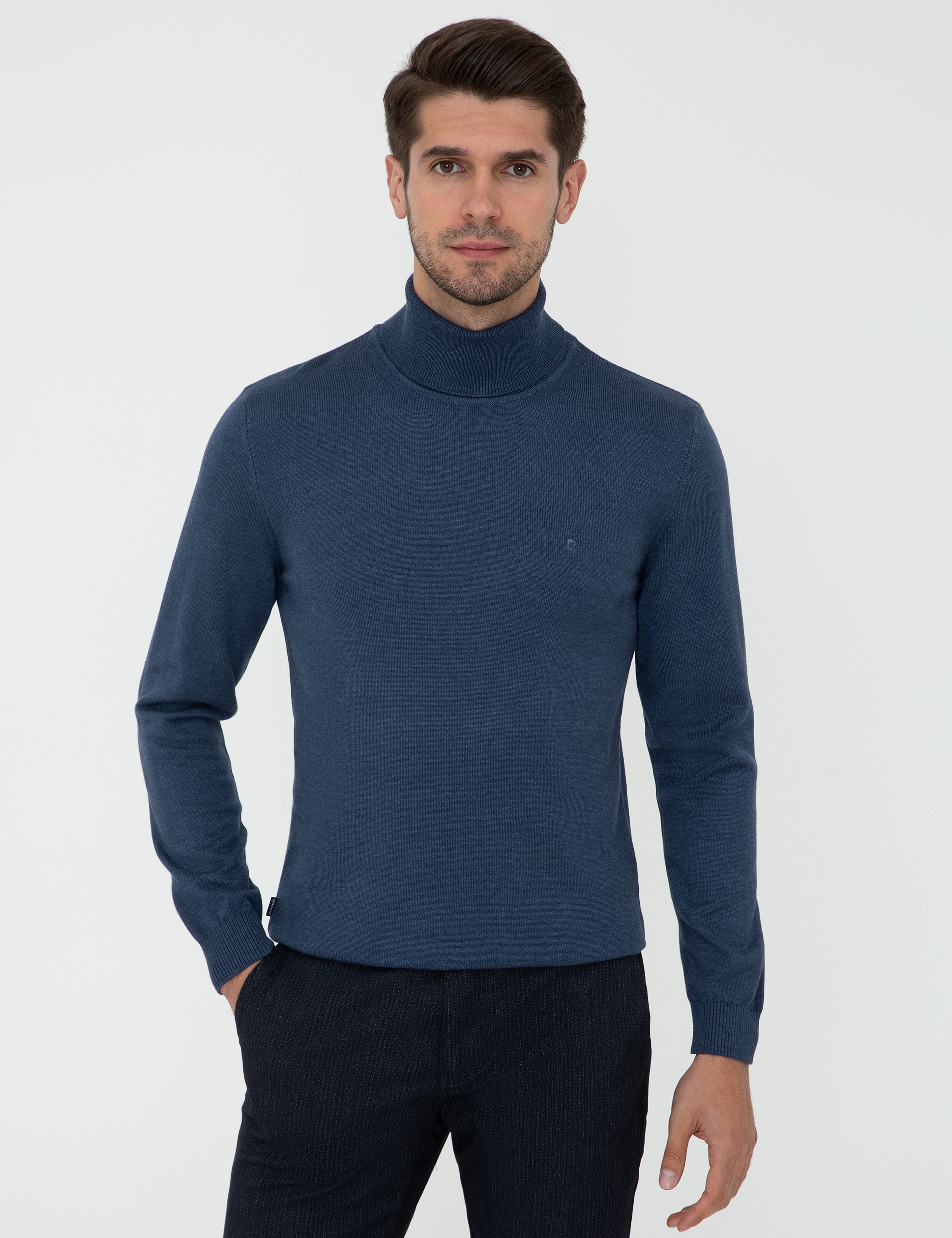 İndigo Melanj Slim Fit Balıkçı Yaka Basic Triko Kazak