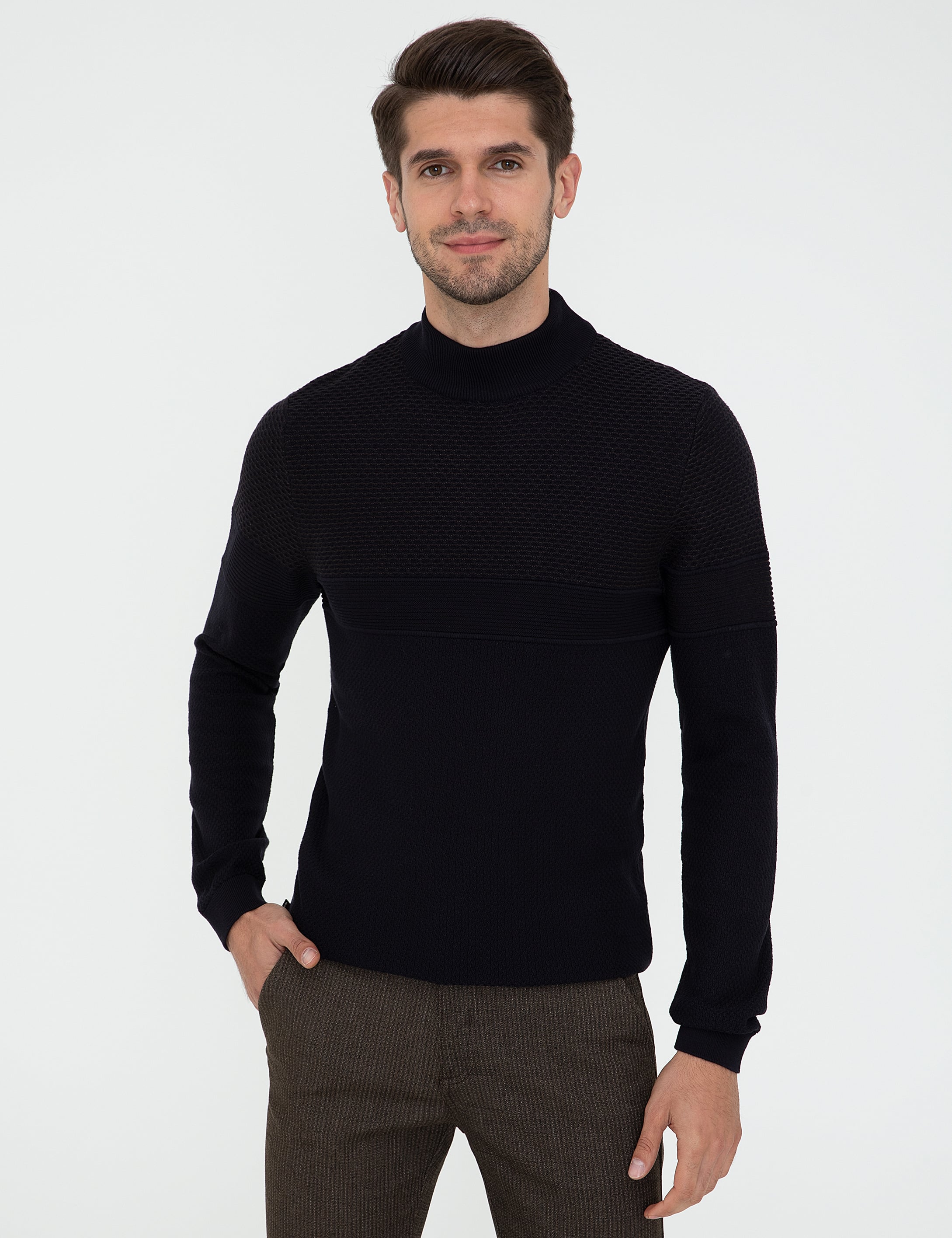 Lacivert Slim Fit Yarım Balıkçı Yaka Triko Kazak