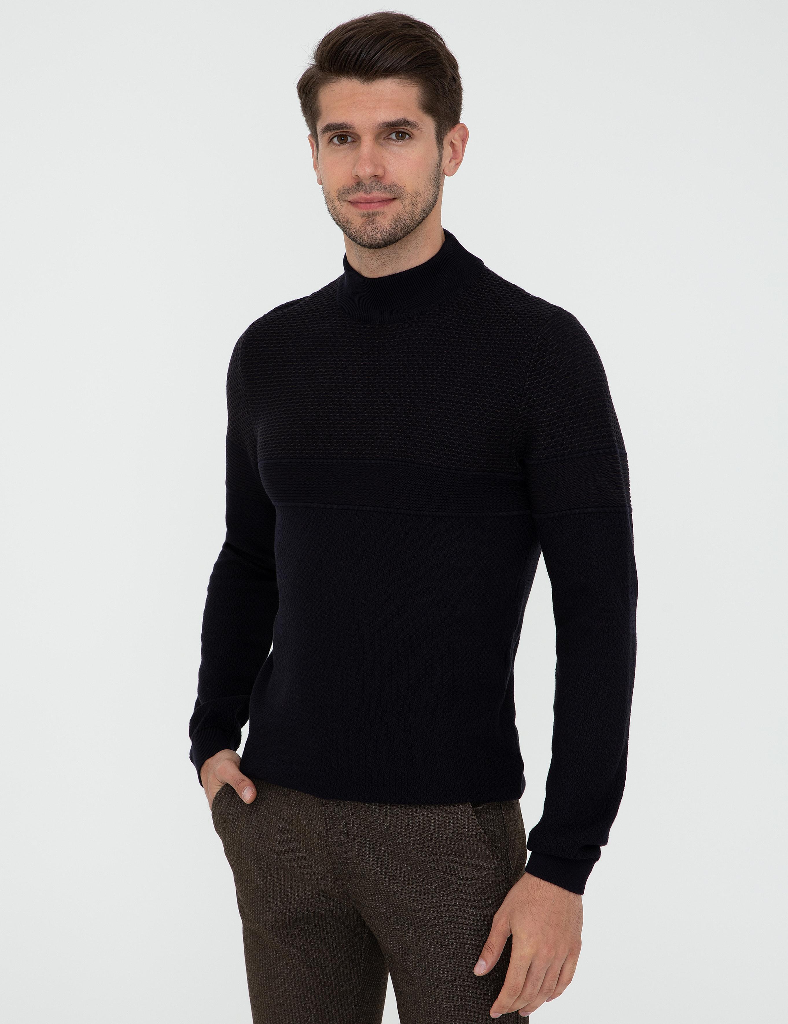 Lacivert Slim Fit Yarım Balıkçı Yaka Triko Kazak