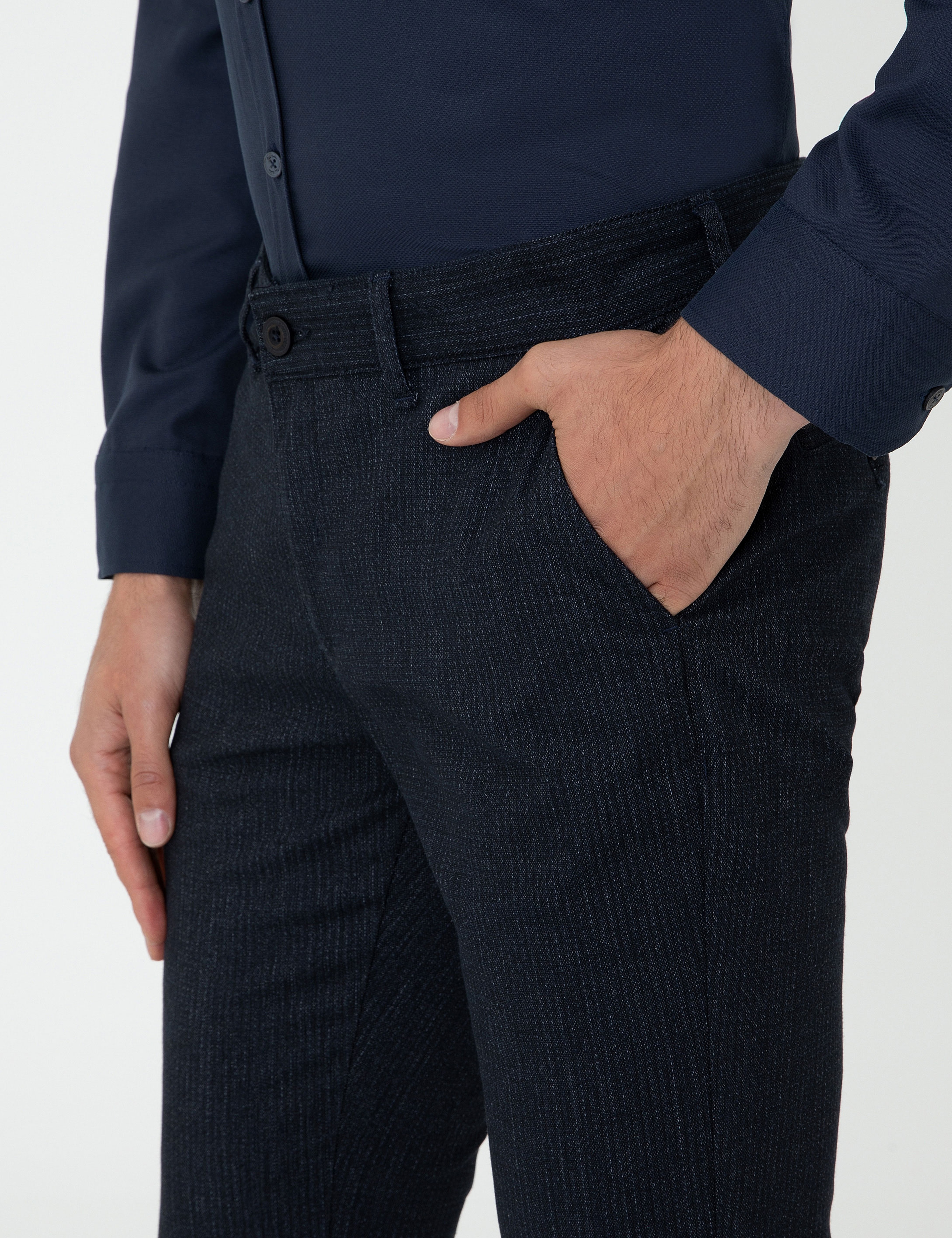 Lacivert Slim Fit Çizgili Kanvas Pantolon - Image 5