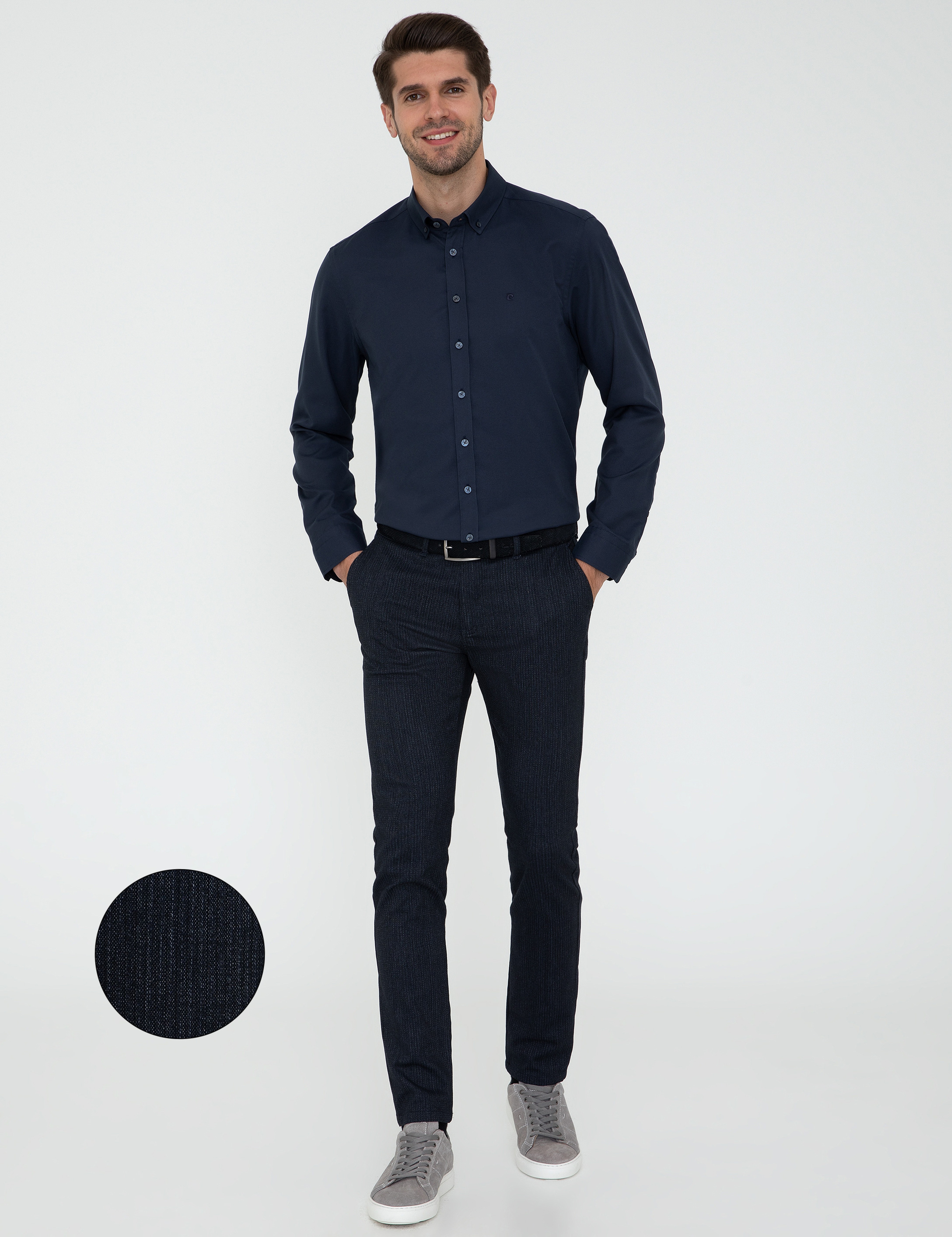 Lacivert Slim Fit Çizgili Kanvas Pantolon - Image 1