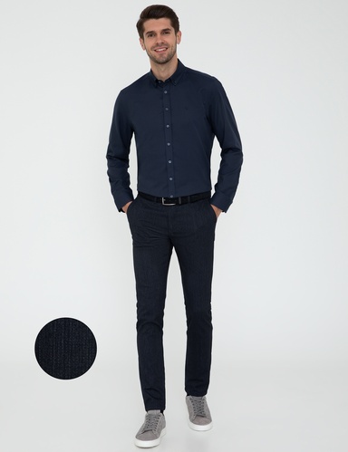 Lacivert Slim Fit Çizgili Kanvas Pantolon