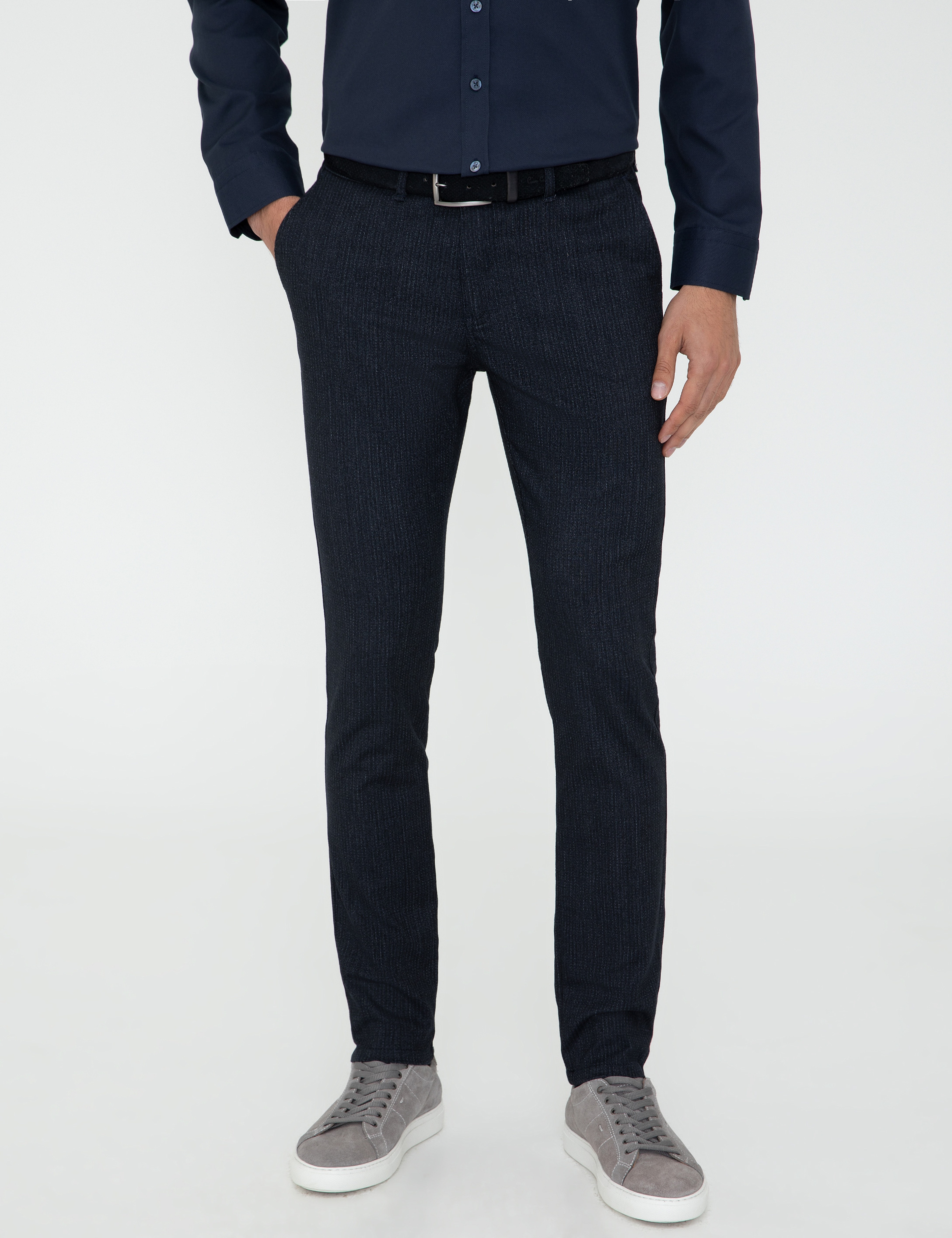 Lacivert Slim Fit Çizgili Kanvas Pantolon - Image 2