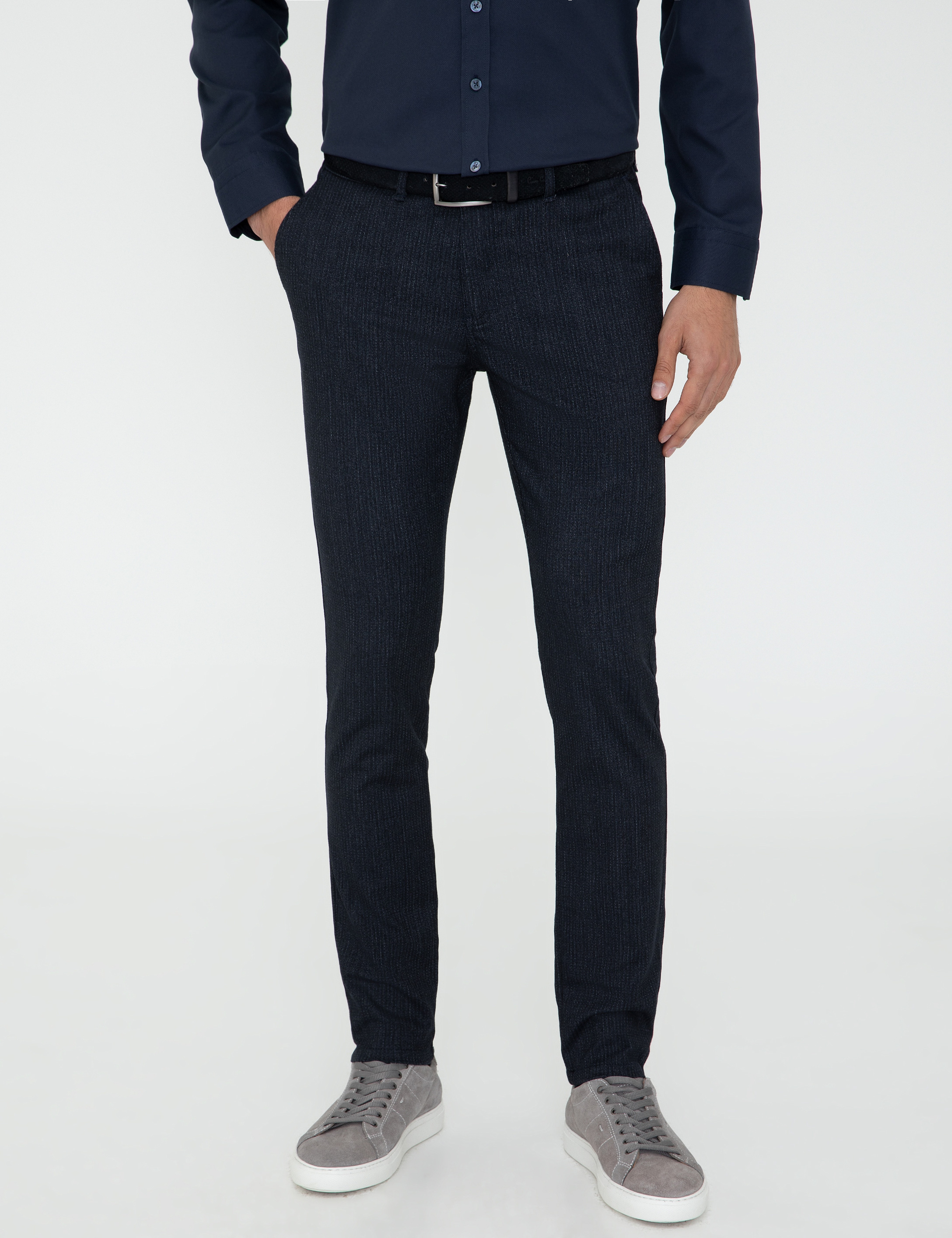 Lacivert Slim Fit Çizgili Kanvas Pantolon