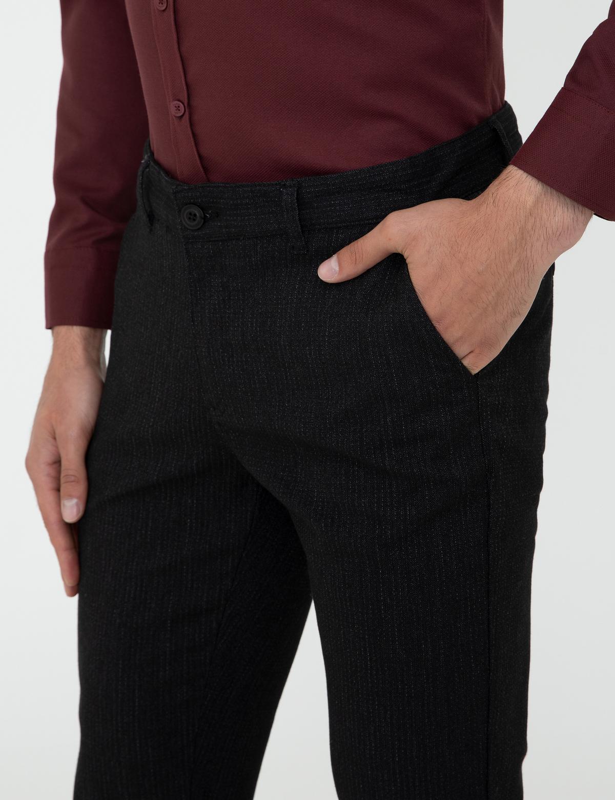 Siyah Slim Fit Çizgili Keten Karışımlı Kanvas Pantolon - 50241491167